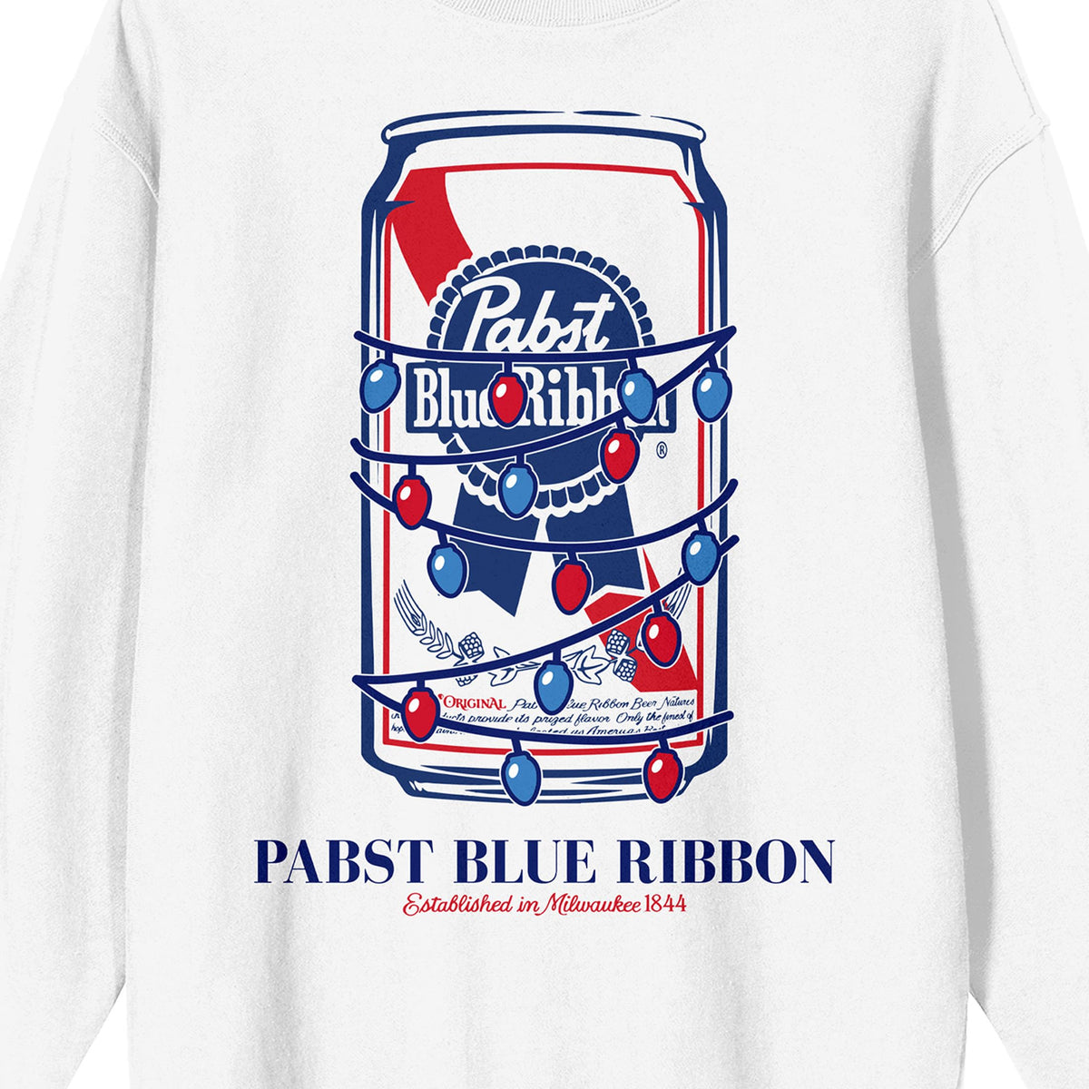 Pabst Blue Ribbon Wrapped in Christmas Lights Men's White Crew Neck Sweatshirt