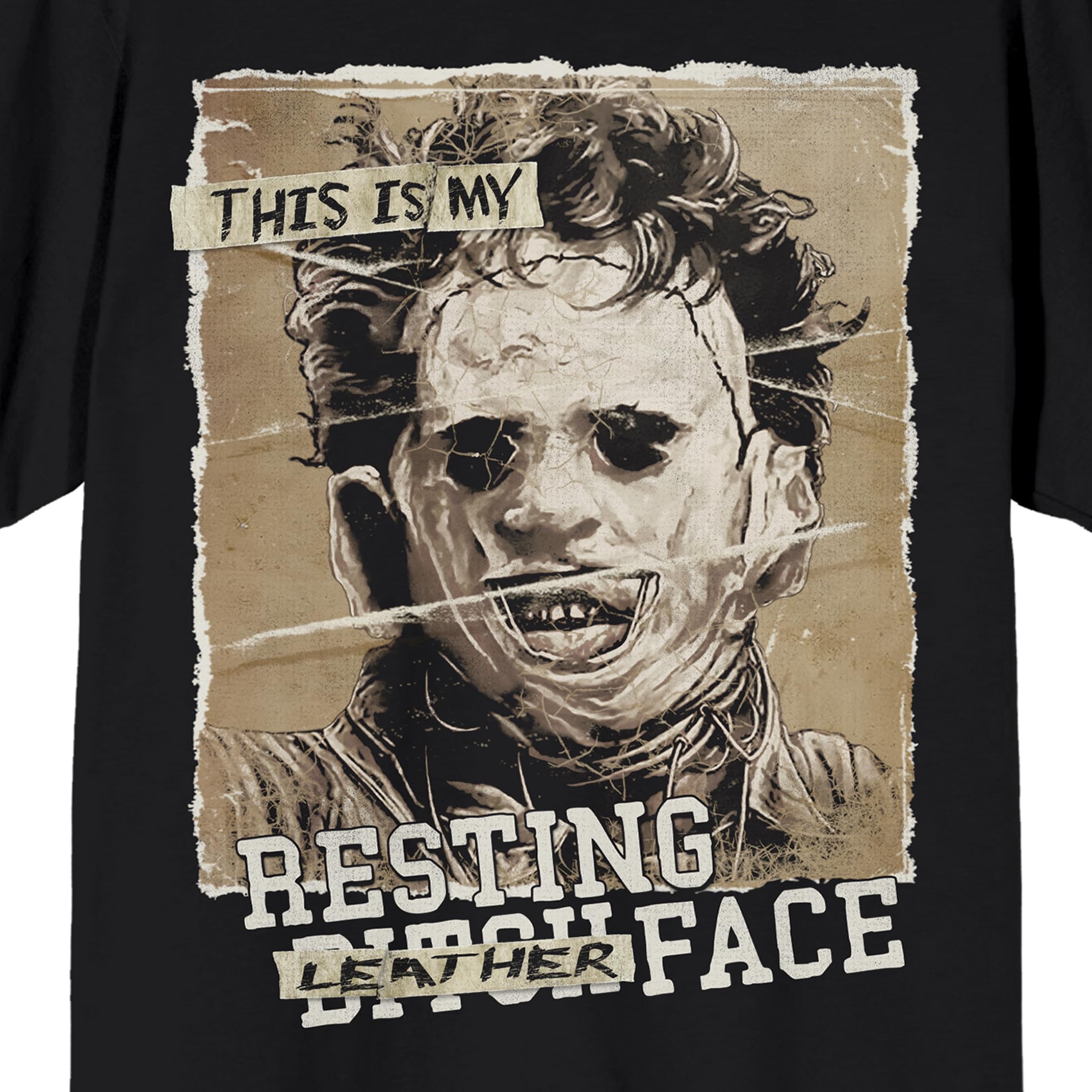 Texas Chainsaw Massacre Leatherface Resting Face Censored Monotone on Black Adult Crew Neck Short Sleeve T-shirt