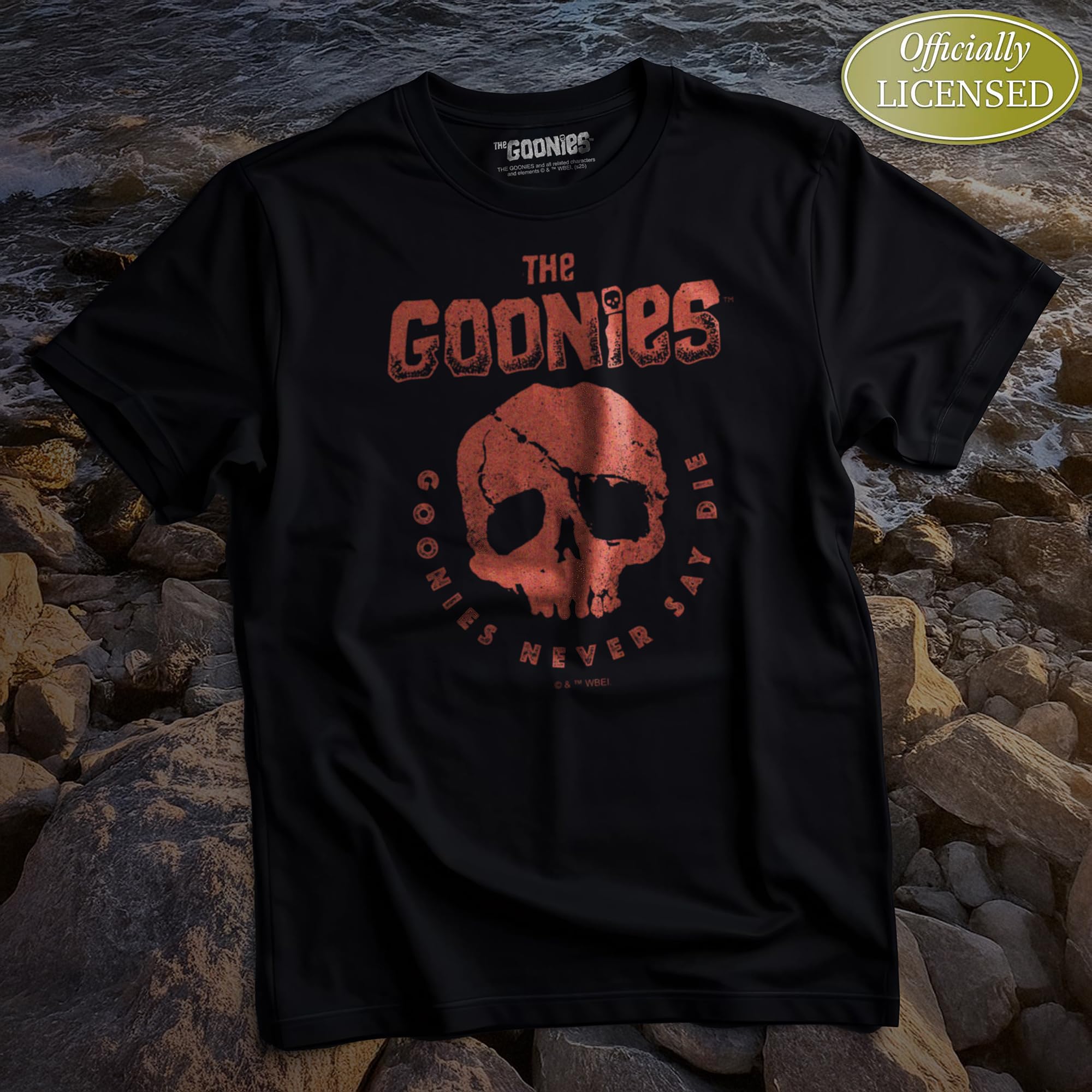 Goonies Skull Never Say Die Adult Black Crew Neck Short Sleeve T-shirt