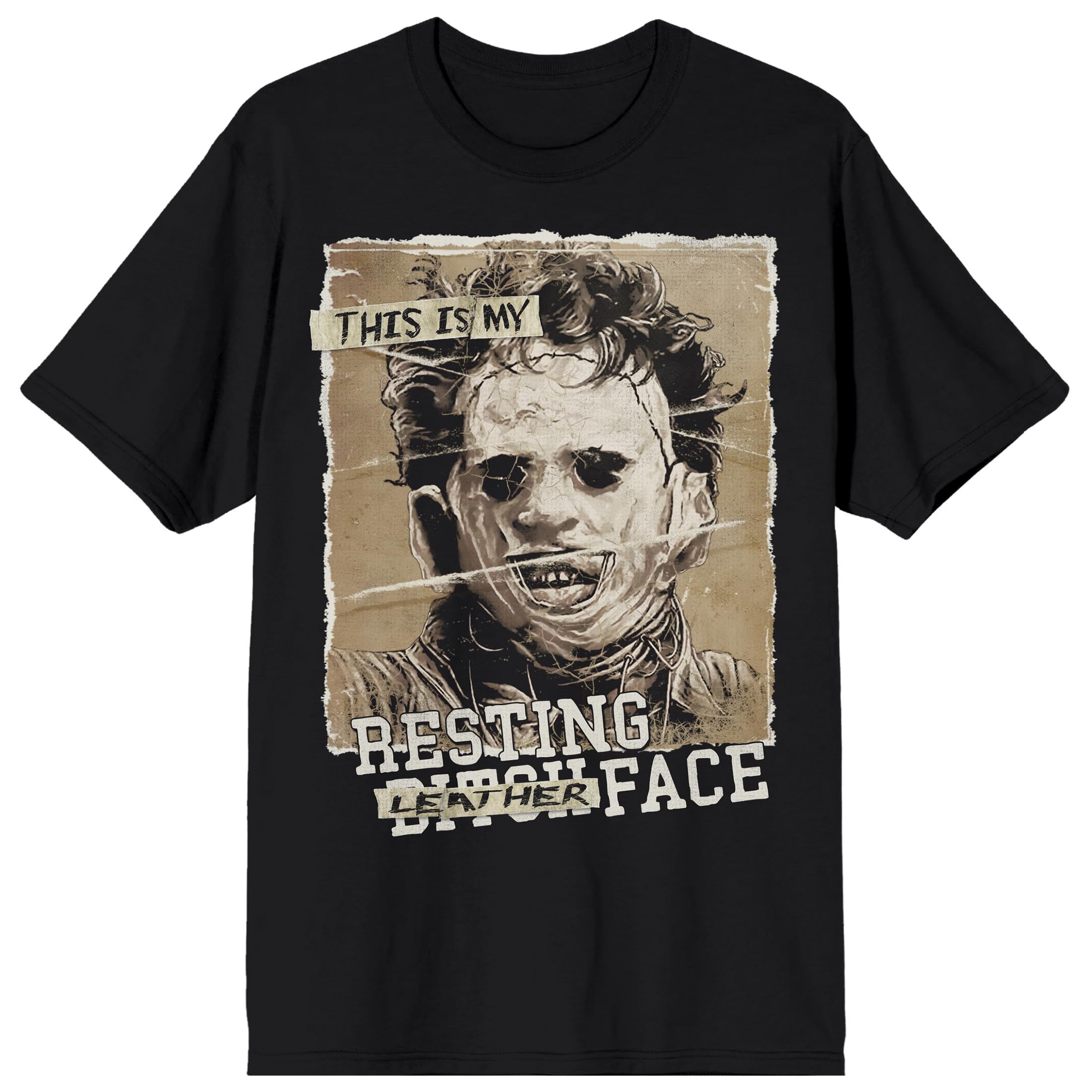 Texas Chainsaw Massacre Leatherface Resting Face Censored Monotone on Black Adult Crew Neck Short Sleeve T-shirt