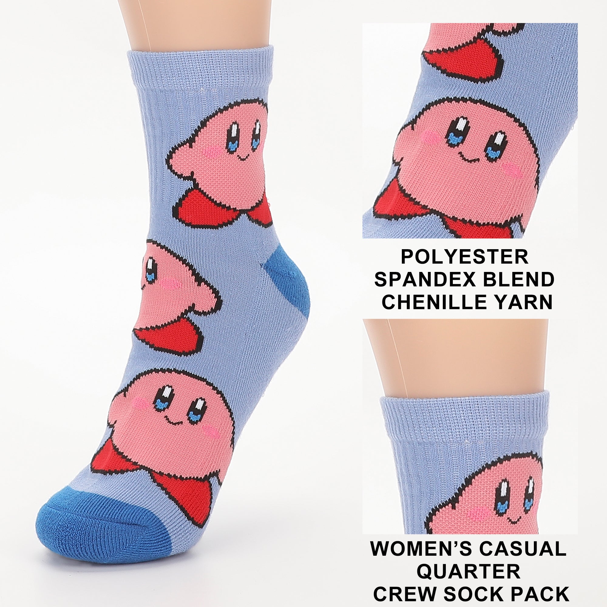 Kirby Kirby, Waddle and AOP Kirby Womens Casual Quarter Crew Socks 3 Pack