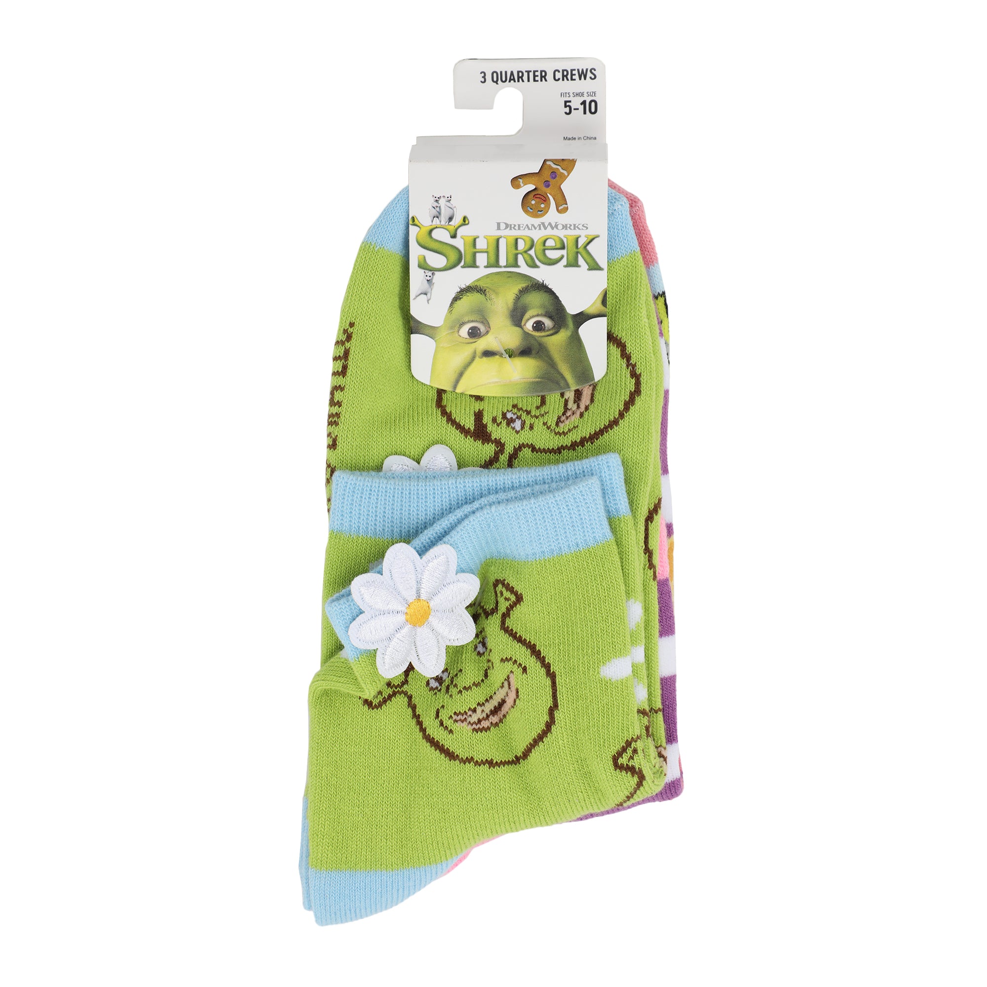 Shrek Characters & 3D Flowers Women's 3-Pair Casual Quarter Crew Ankle Socks