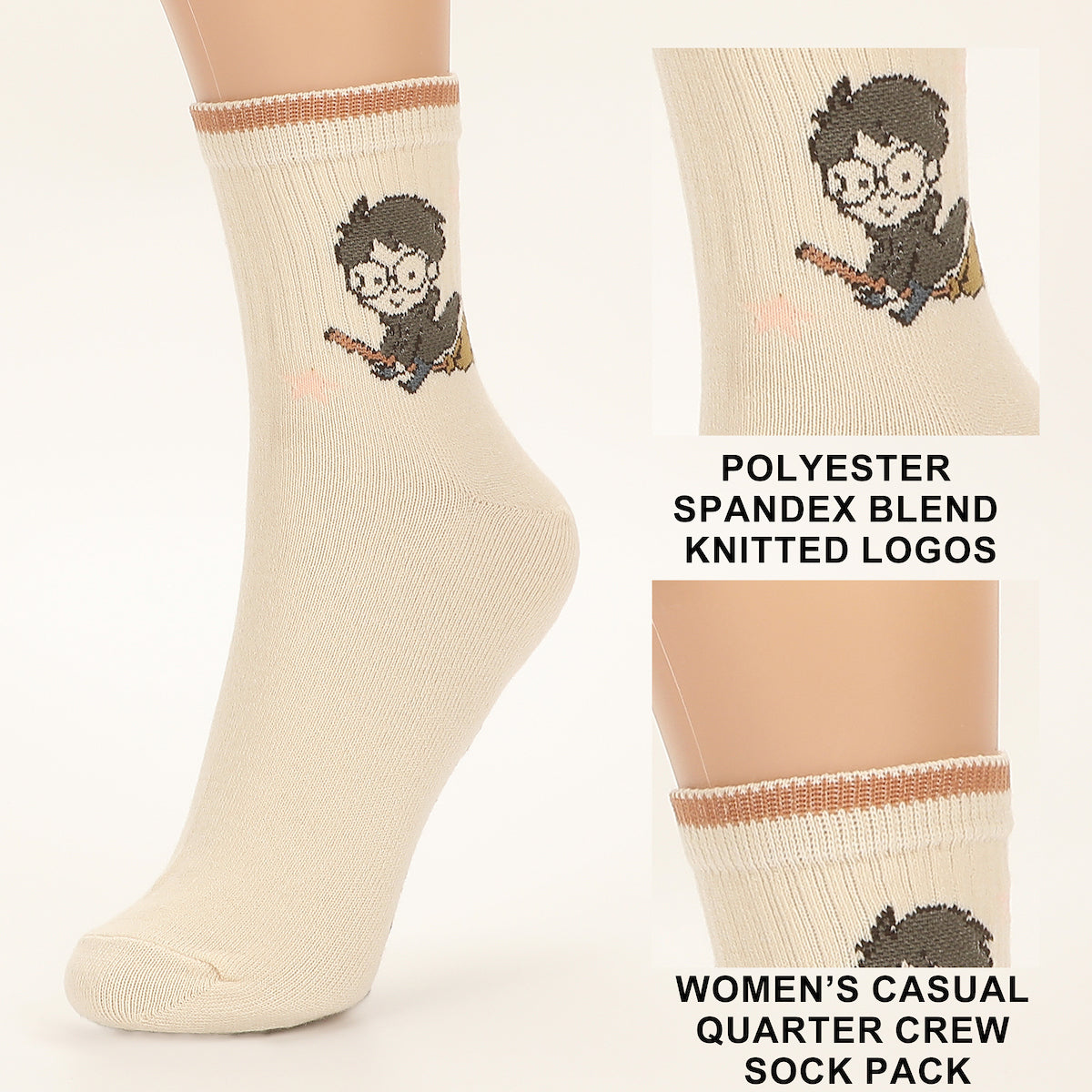 Harry Potter Hedwig, Ron and Hermone Womens Casual Quarter Crew 3 Pack