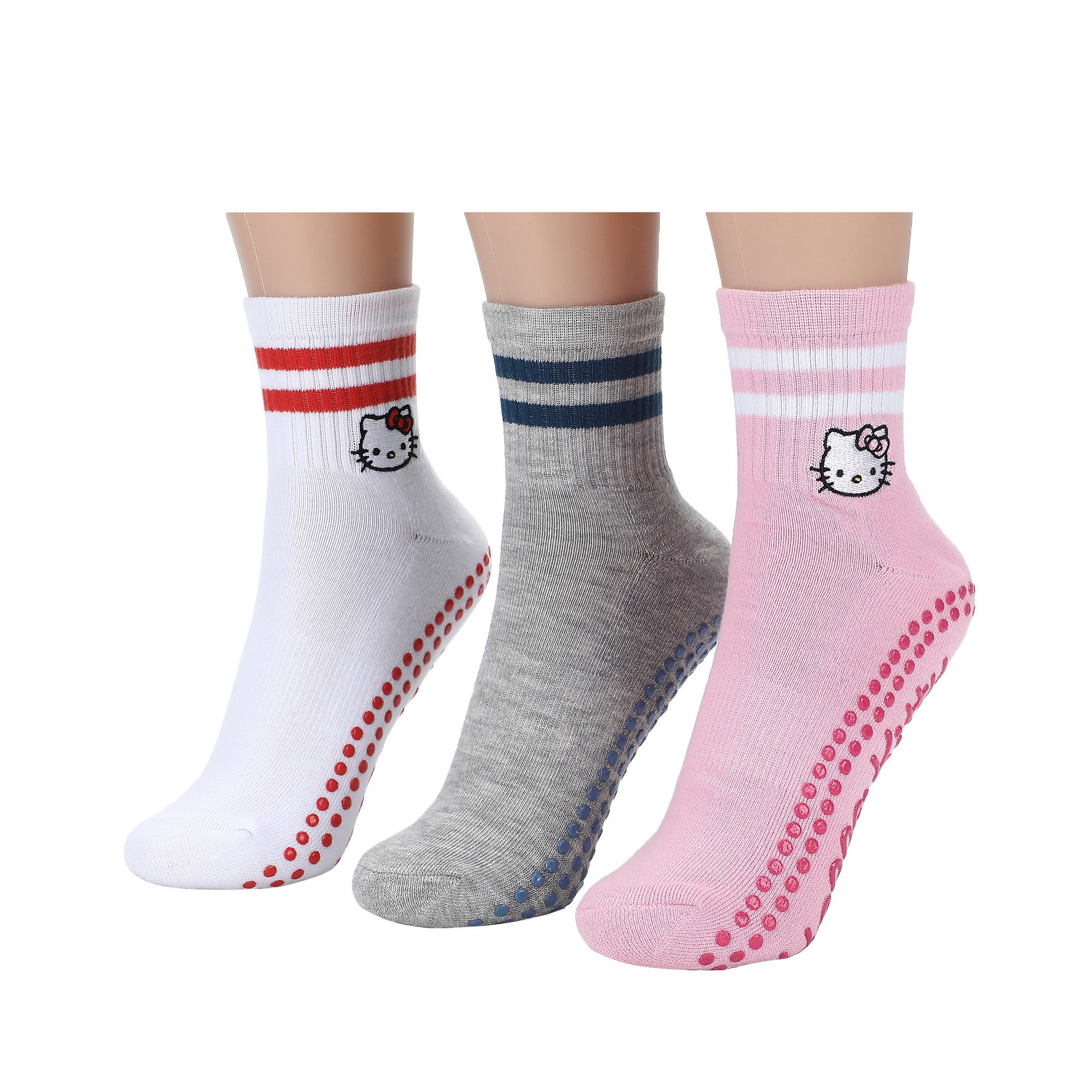 Hello Kitty Character Faces Women’s 3-Pair Pack Plate Grip Quarter Crew Socks