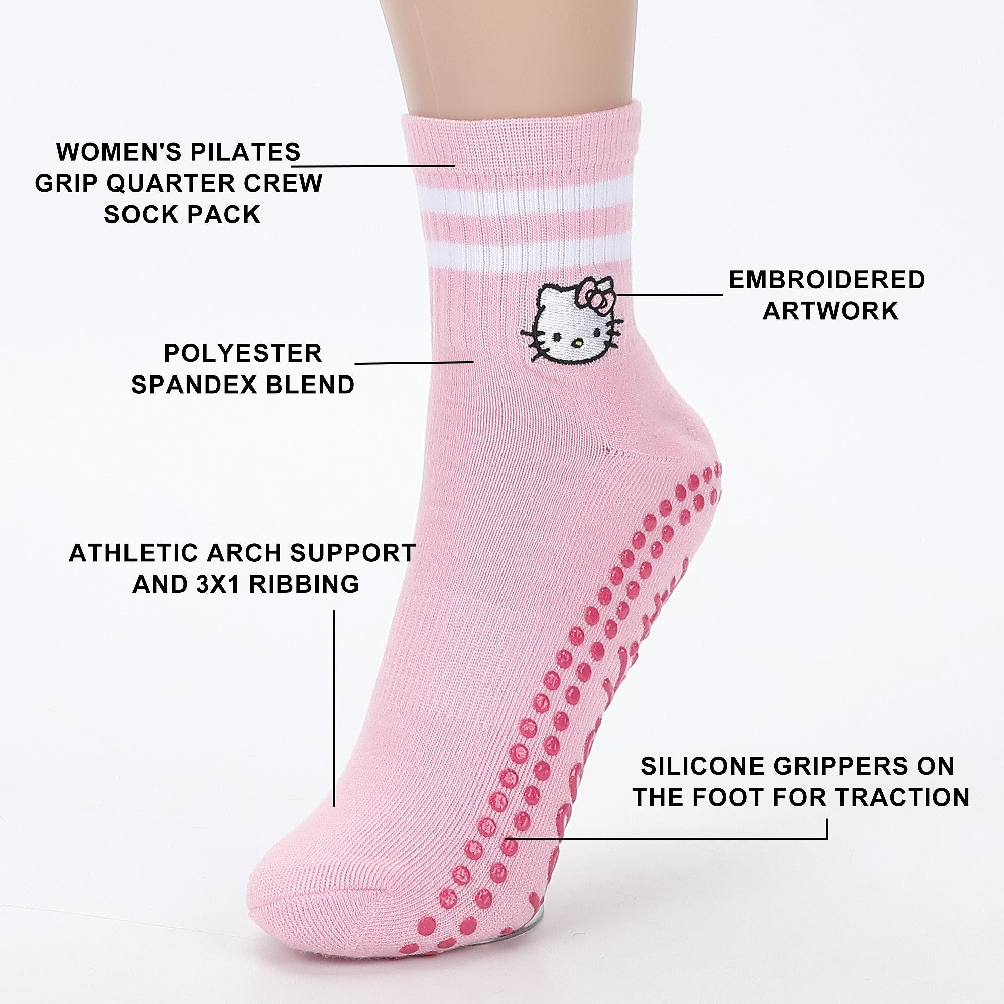 Hello Kitty Character Faces Women’s 3-Pair Pack Plate Grip Quarter Crew Socks