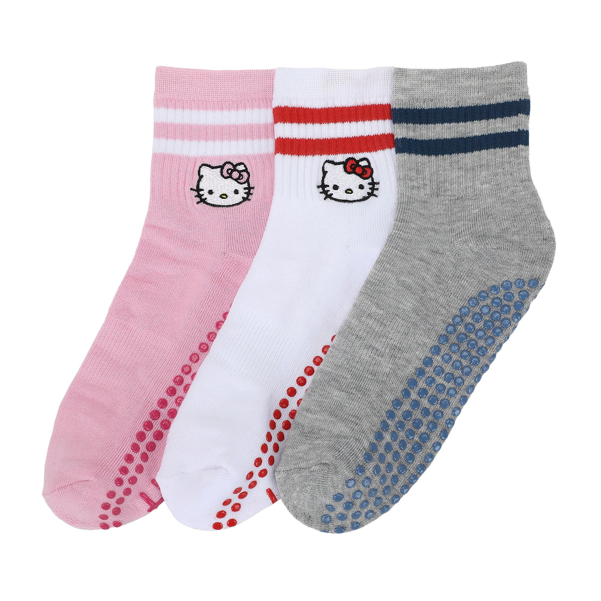Hello Kitty Character Faces Women’s 3-Pair Pack Plate Grip Quarter Crew Socks