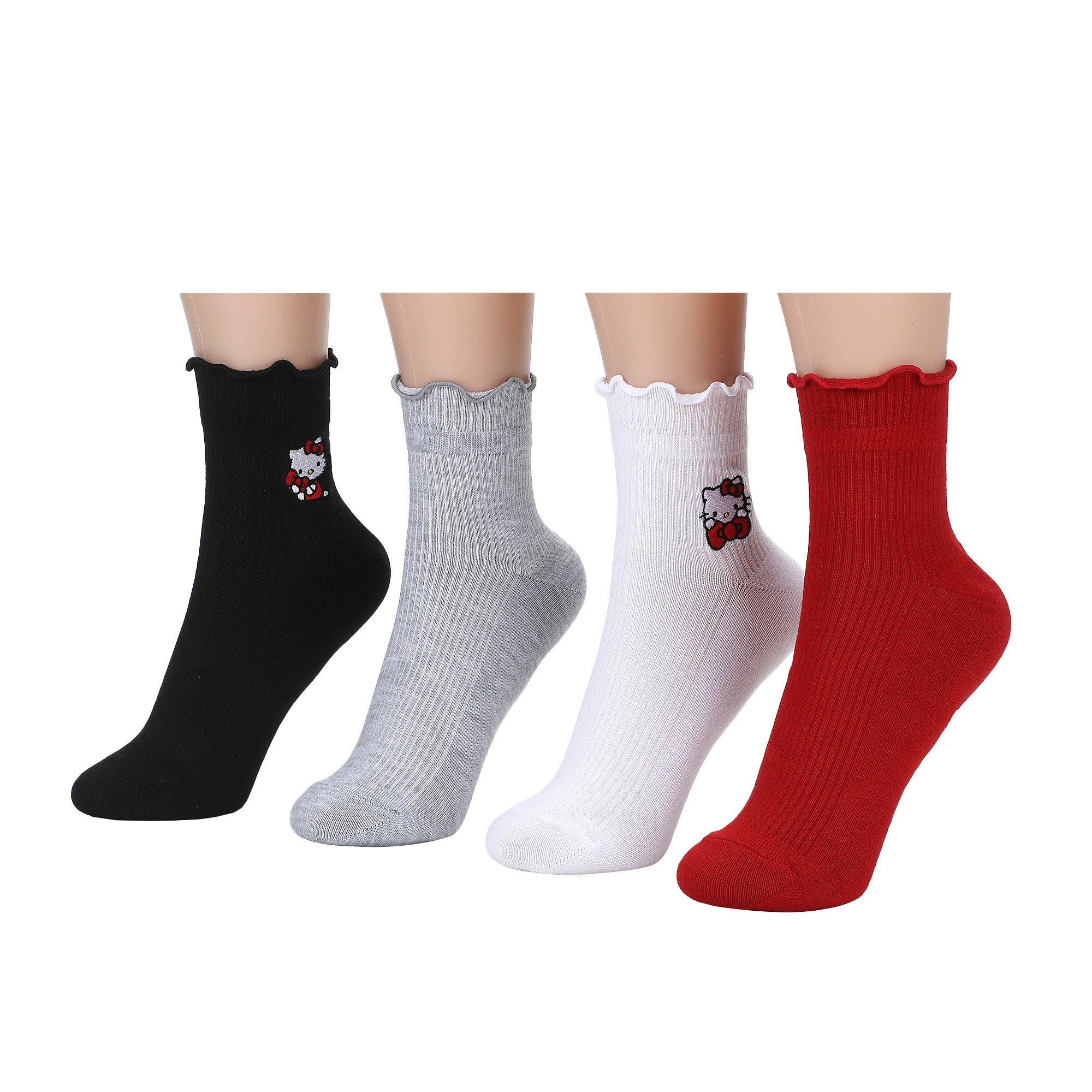 Hello Kitty Character Art Women’s 4-Pair Pack Ruffle Cuff Quarter Crew Socks