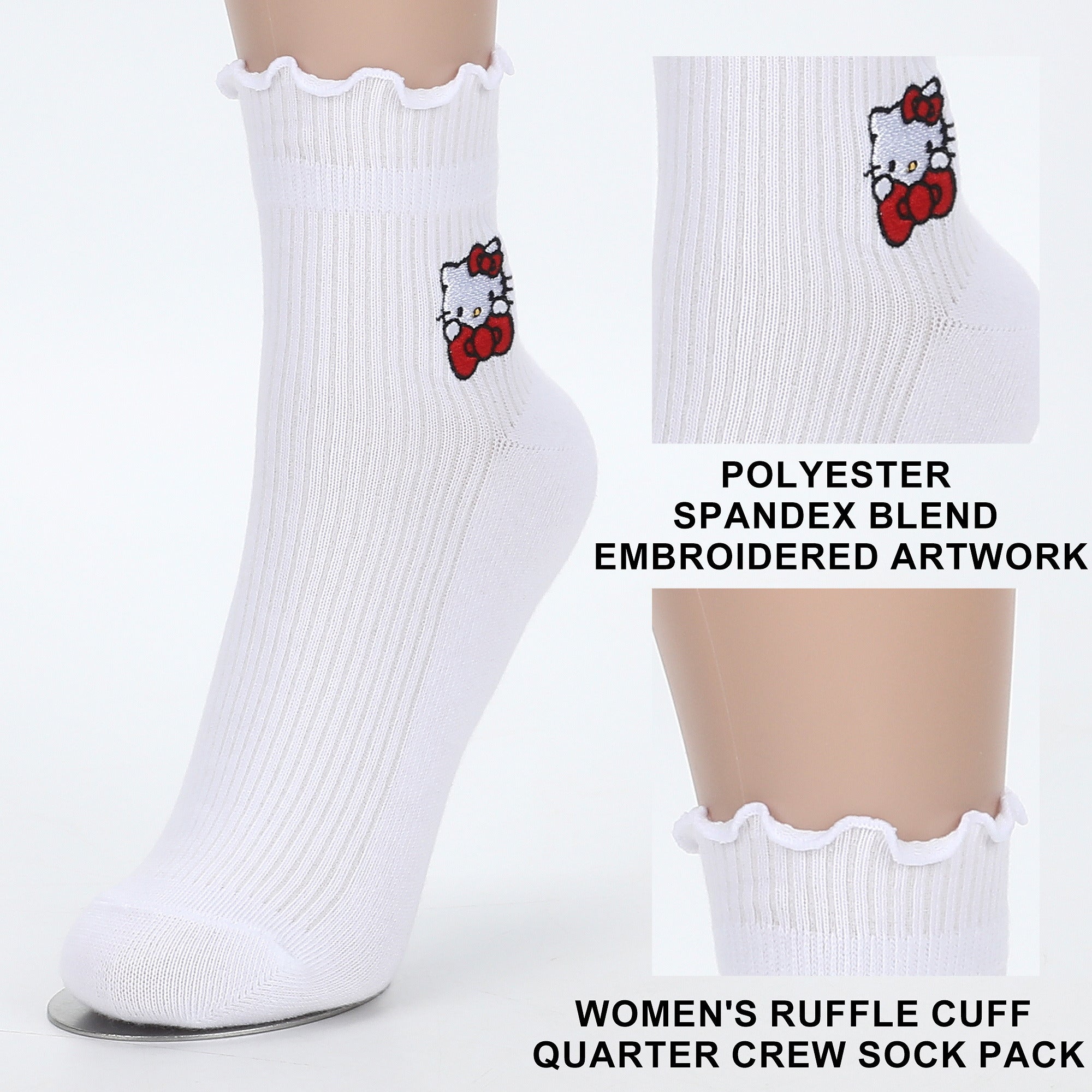 Hello Kitty Character Art Women’s 4-Pair Pack Ruffle Cuff Quarter Crew Socks