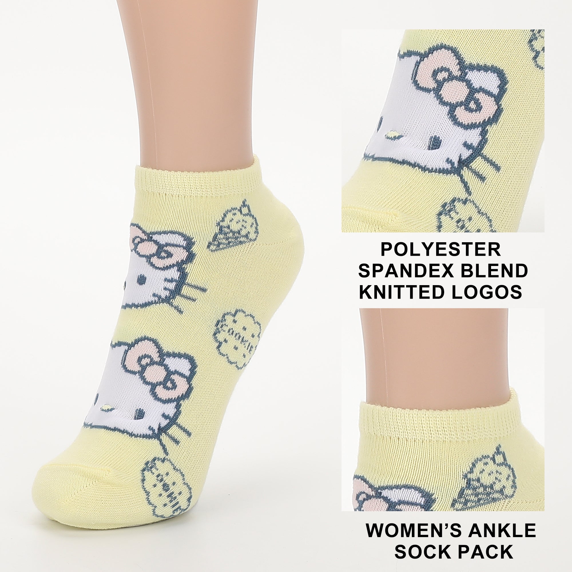 Hello Kitty Characters AOP Scalloped Cuffs Womens Ankle Socks 5 Pack
