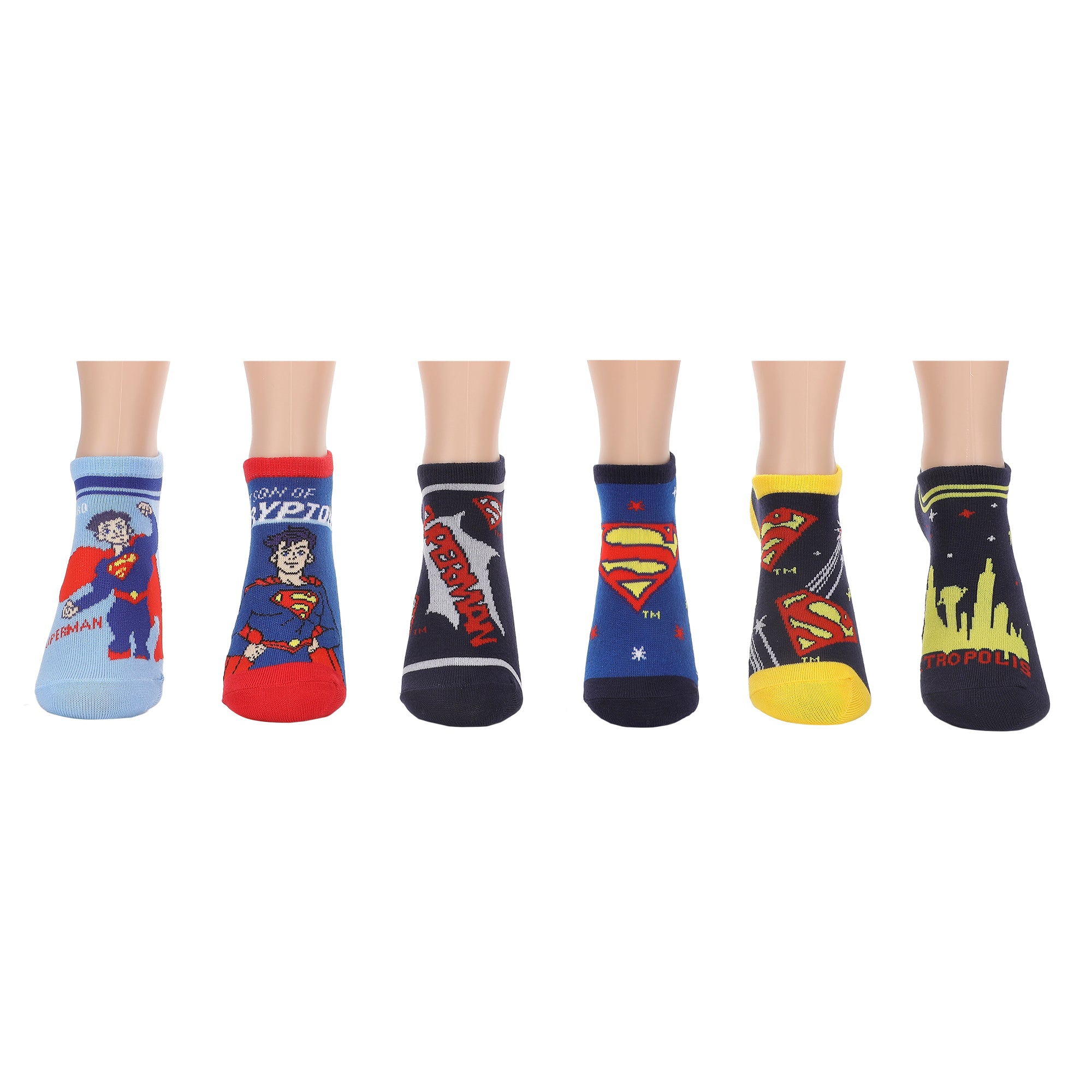 Superman On Different Character Youth Ankle Socks 6 Pack
