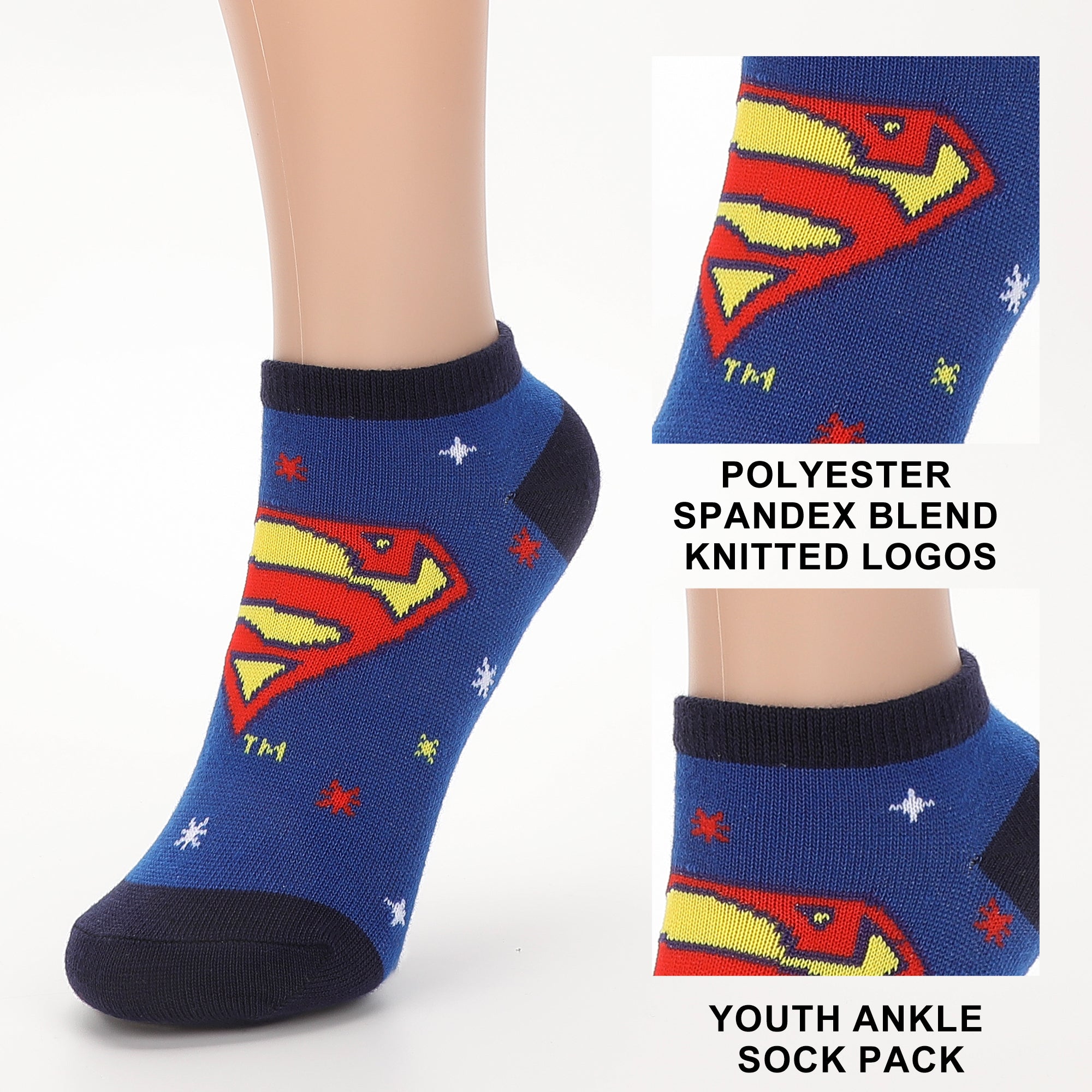 Superman On Different Character Youth Ankle Socks 6 Pack