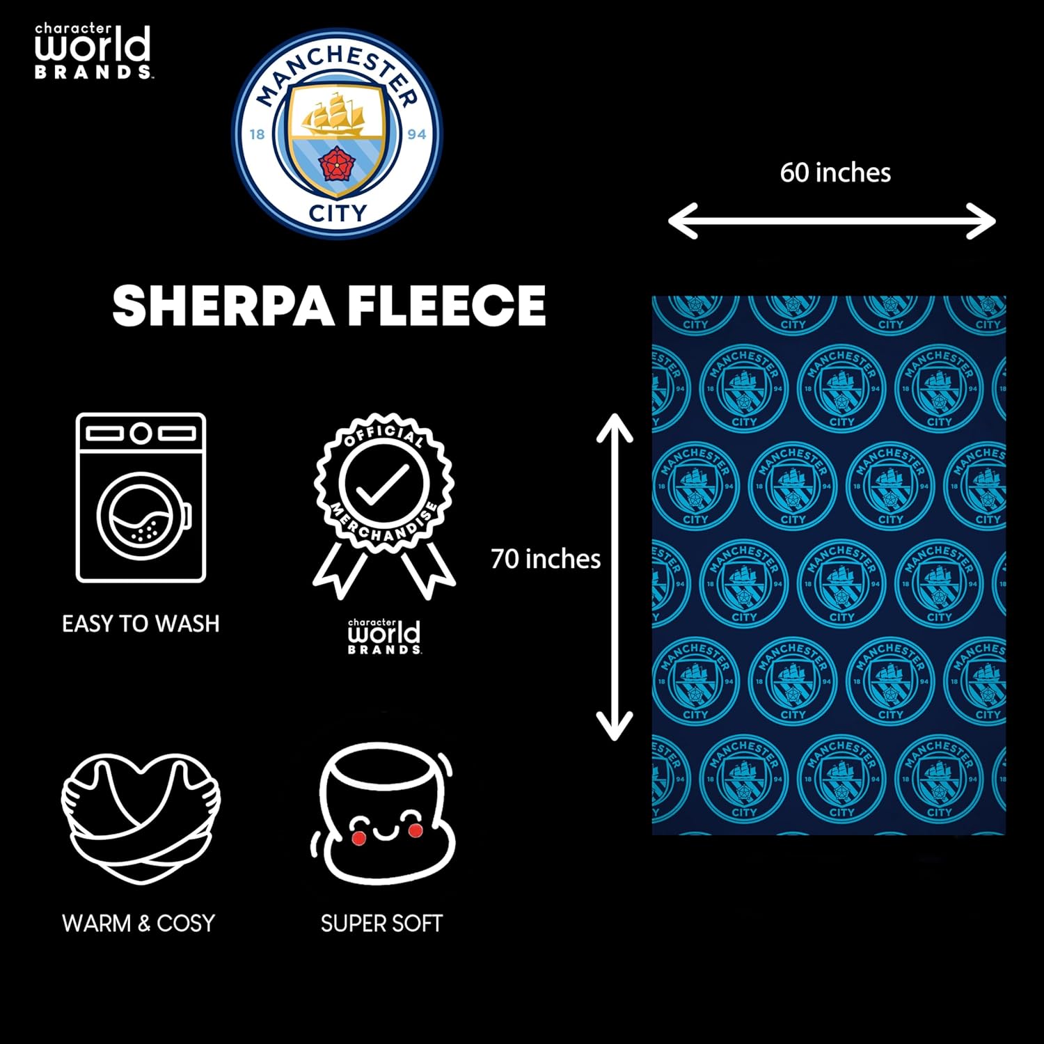 Manchester City FC Character World Official Soccer Crest Design Throw Blanket (60 x 70 Inches)