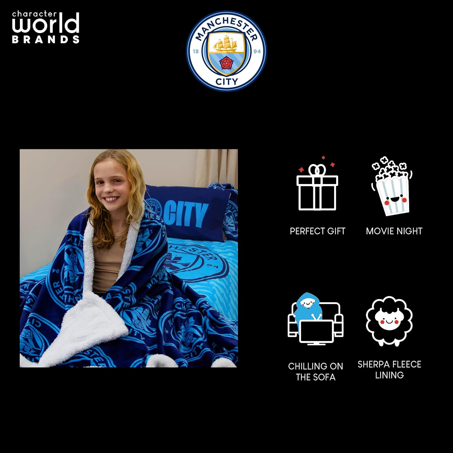 Manchester City FC Character World Official Soccer Crest Design Throw Blanket (60 x 70 Inches)