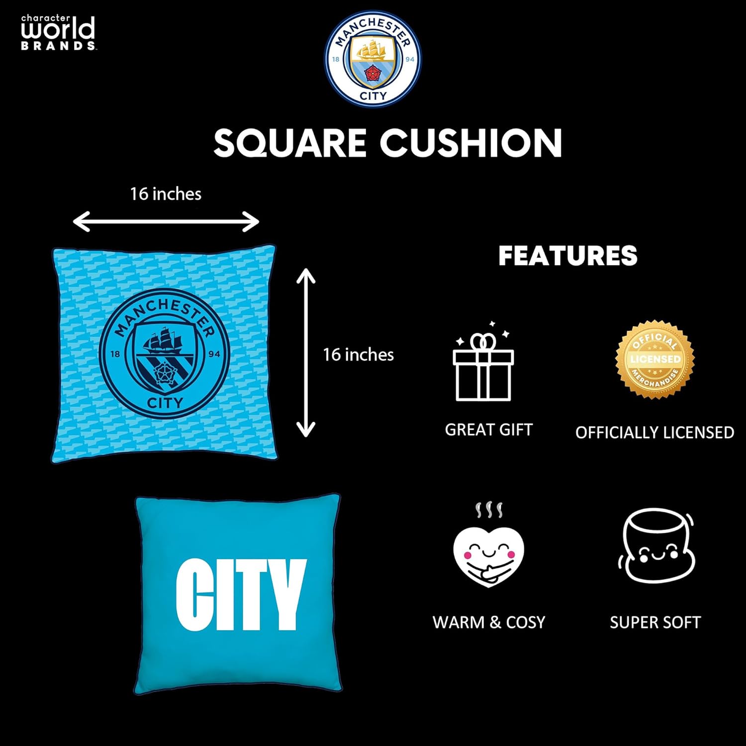 Manchester City FC Character World Official Blue Reversible 2 Sided Cushion (16 x 16 Inches)