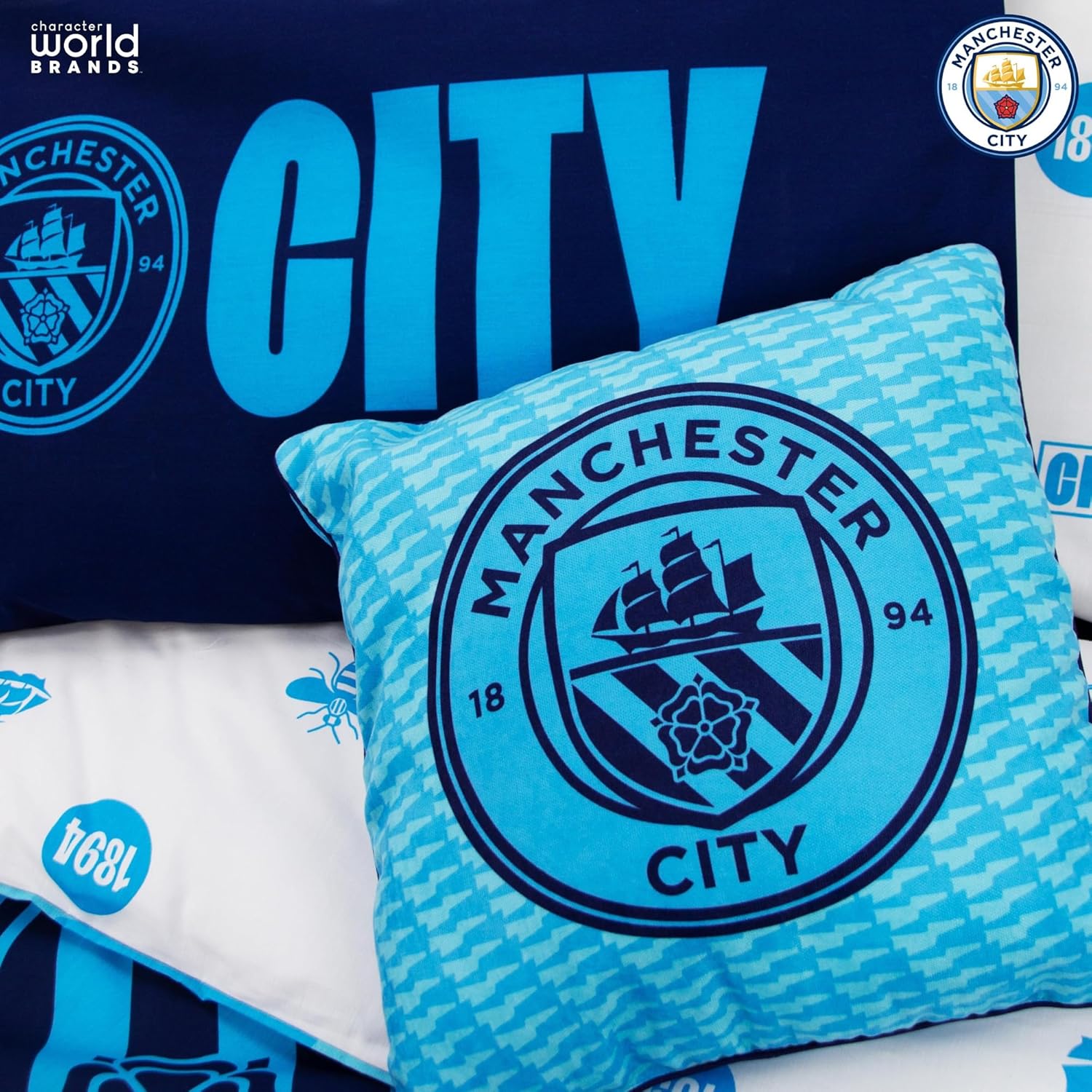 Manchester City FC Character World Official Blue Reversible 2 Sided Cushion (16 x 16 Inches)