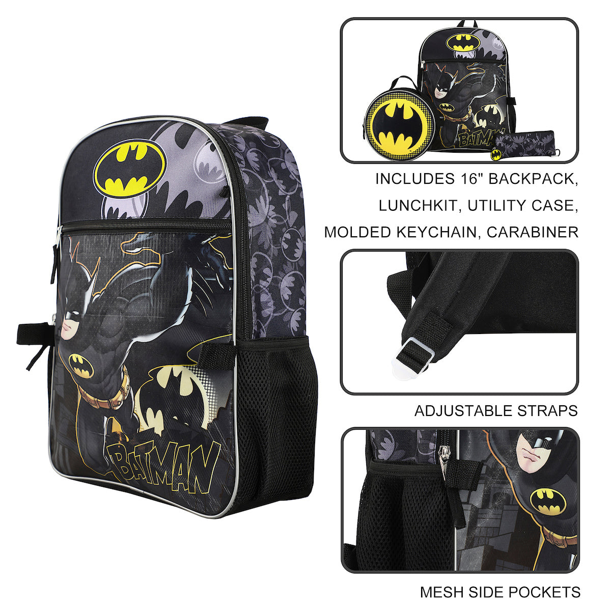 DC Comic Book Batman Symbol 5-Piece Backpack Accessory Set for boys