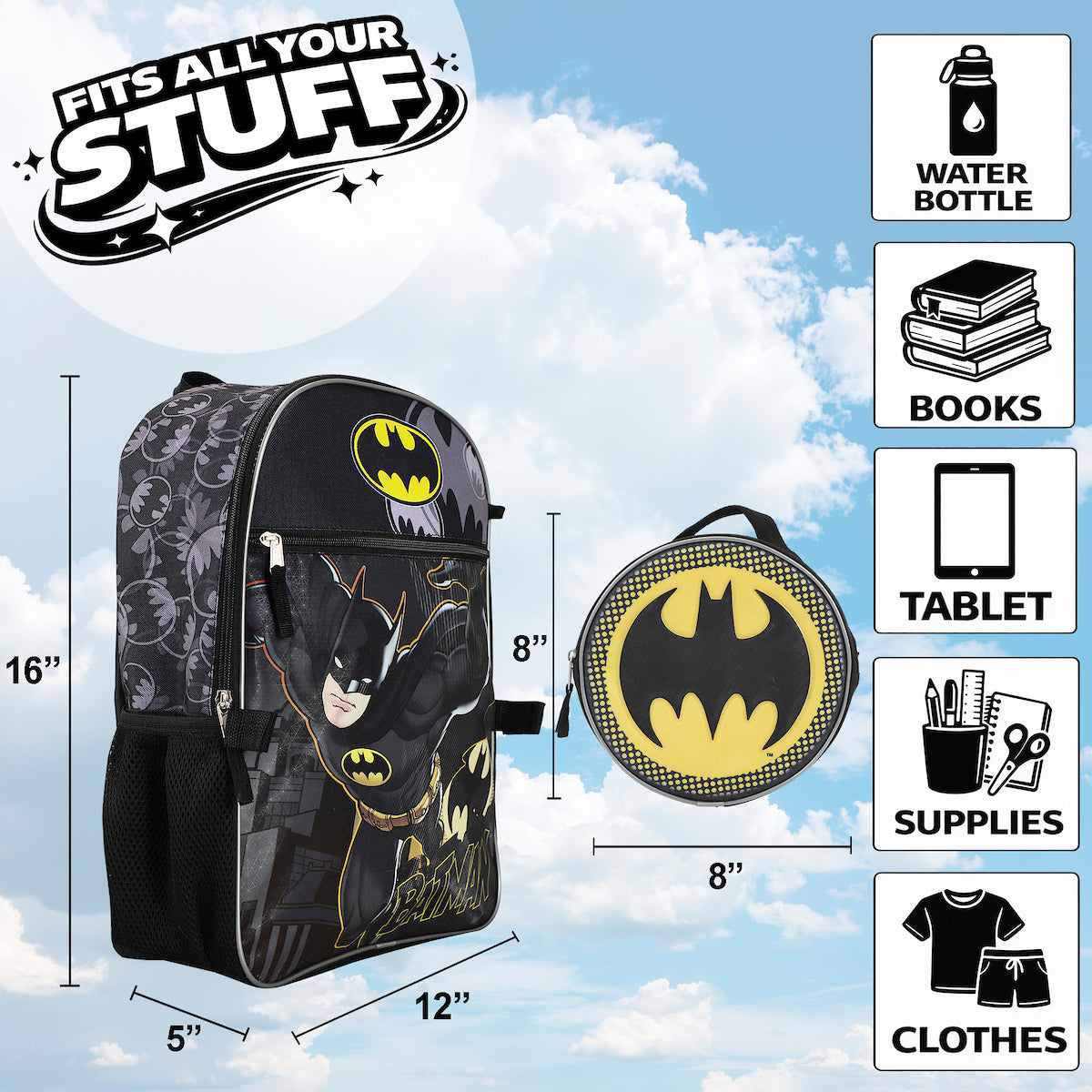 DC Comic Book Batman Symbol 5-Piece Backpack Accessory Set for boys