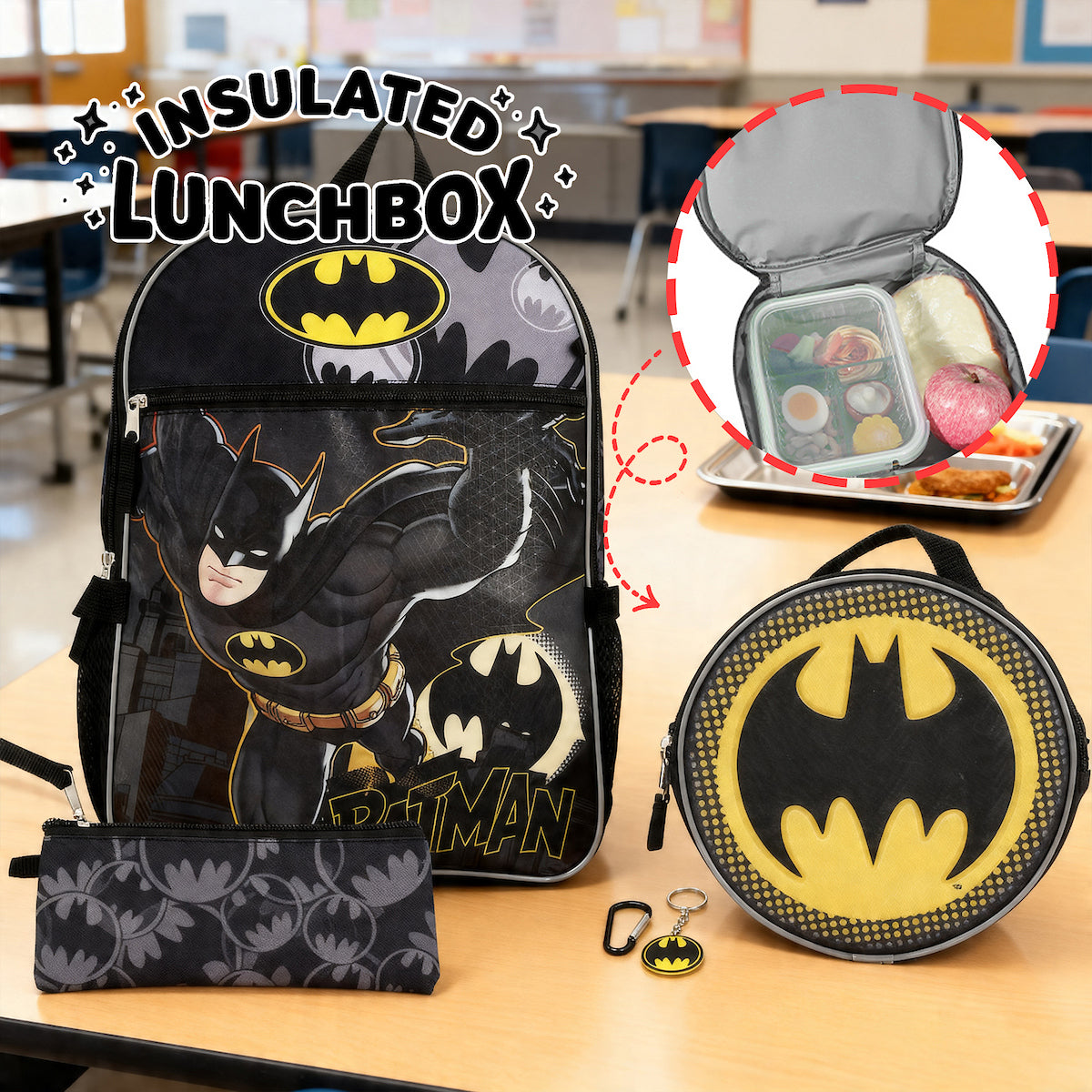 DC Comic Book Batman Symbol 5-Piece Backpack Accessory Set for boys
