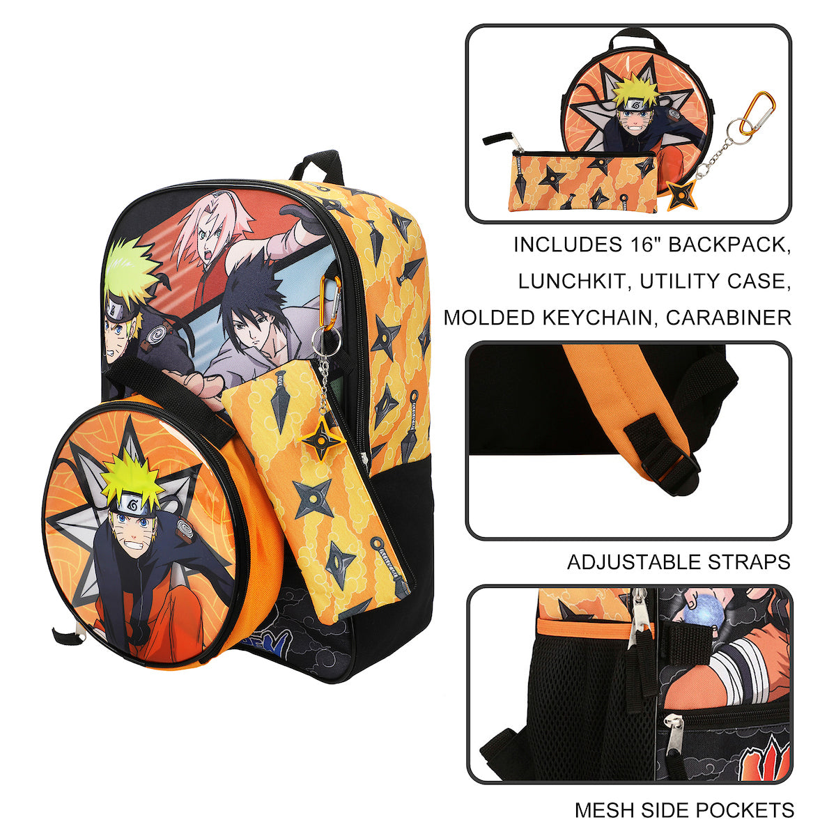 Naruto Anime Character Print Orange and Black 5-Piece Backpack Set For Boys