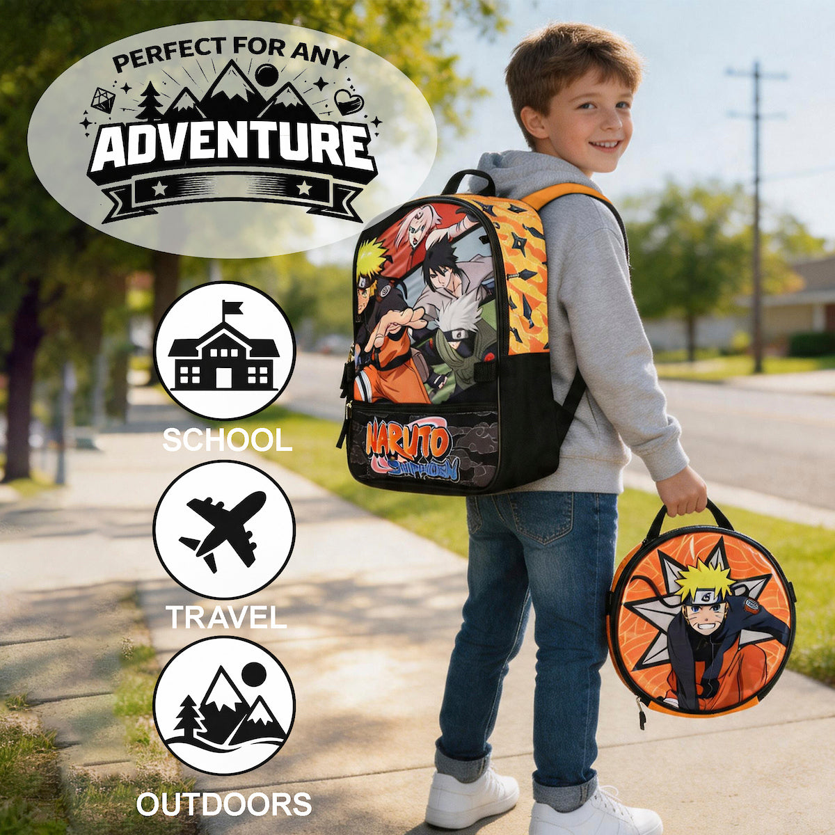 Naruto Anime Character Print Orange and Black 5-Piece Backpack Set For Boys