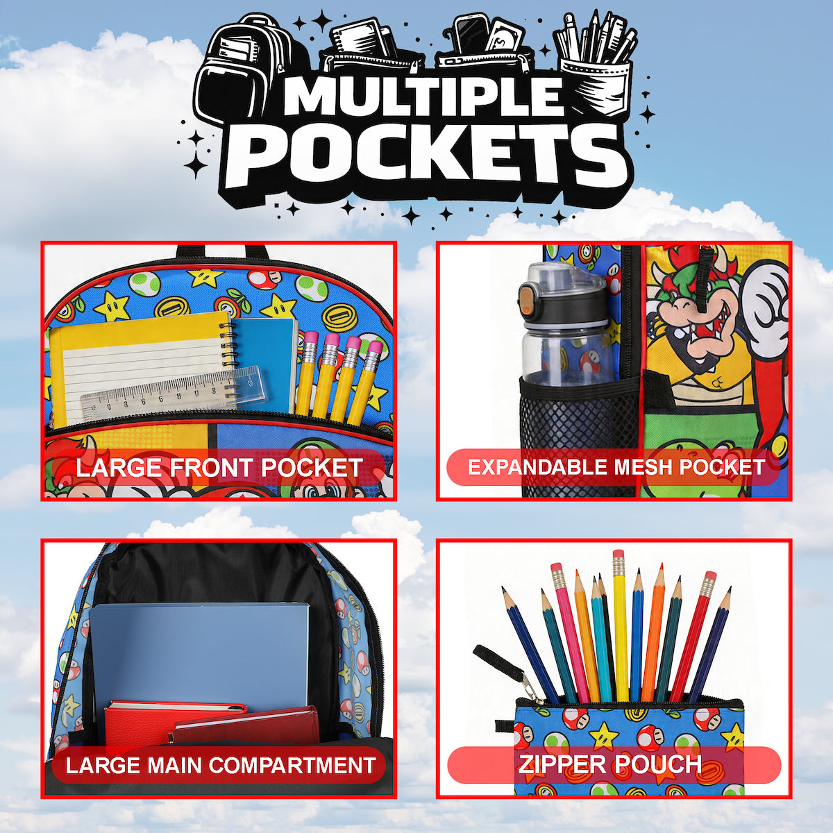 Super Mario Bros Characters & Power-Ups 16 inch Youth 5-Piece Backpack Set