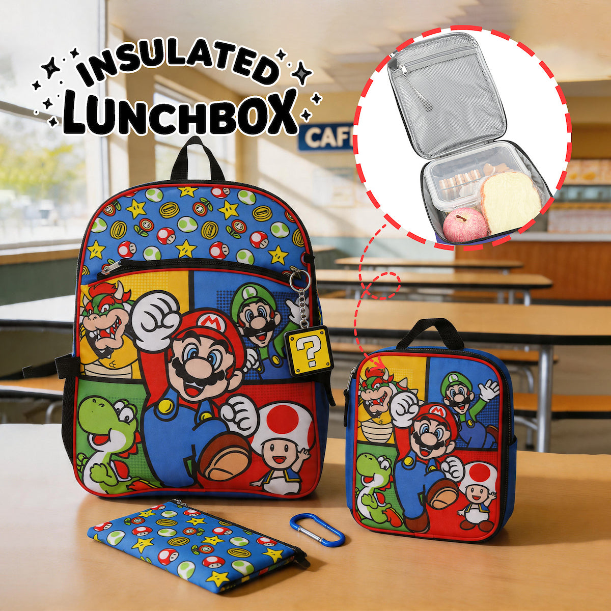 Super Mario Bros Characters & Power-Ups 16 inch Youth 5-Piece Backpack Set