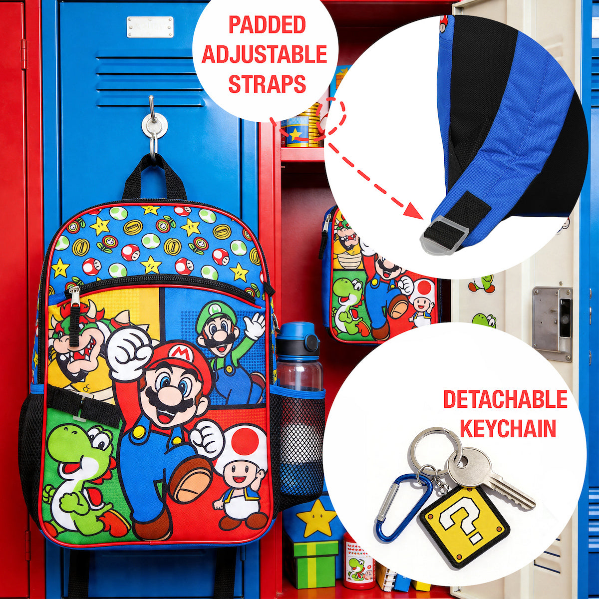 Super Mario Bros Characters & Power-Ups 16 inch Youth 5-Piece Backpack Set