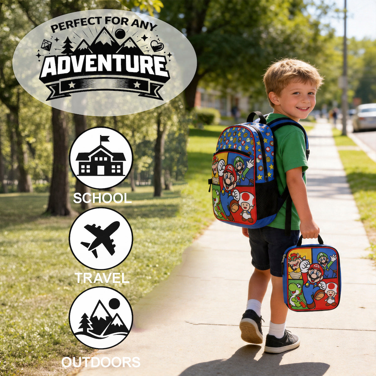 Super Mario Bros Characters & Power-Ups 16 inch Youth 5-Piece Backpack Set