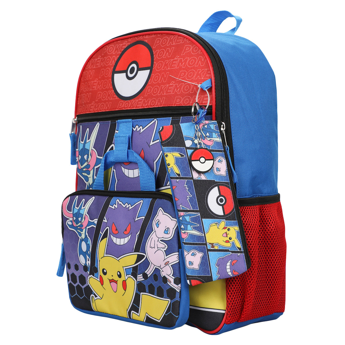 Pokemon 5-Piece Set: 16 Backpack, Padded Utility Case, Small Utility Case, Rubber Keychain, and Carabiner