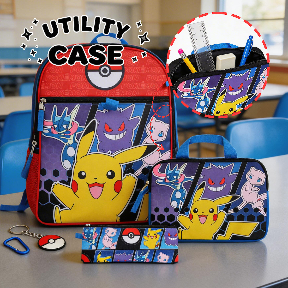 Pokemon 5-Piece Set: 16 Backpack Padded Utility Case Small Utility Case Rubber Keychain and Carabiner