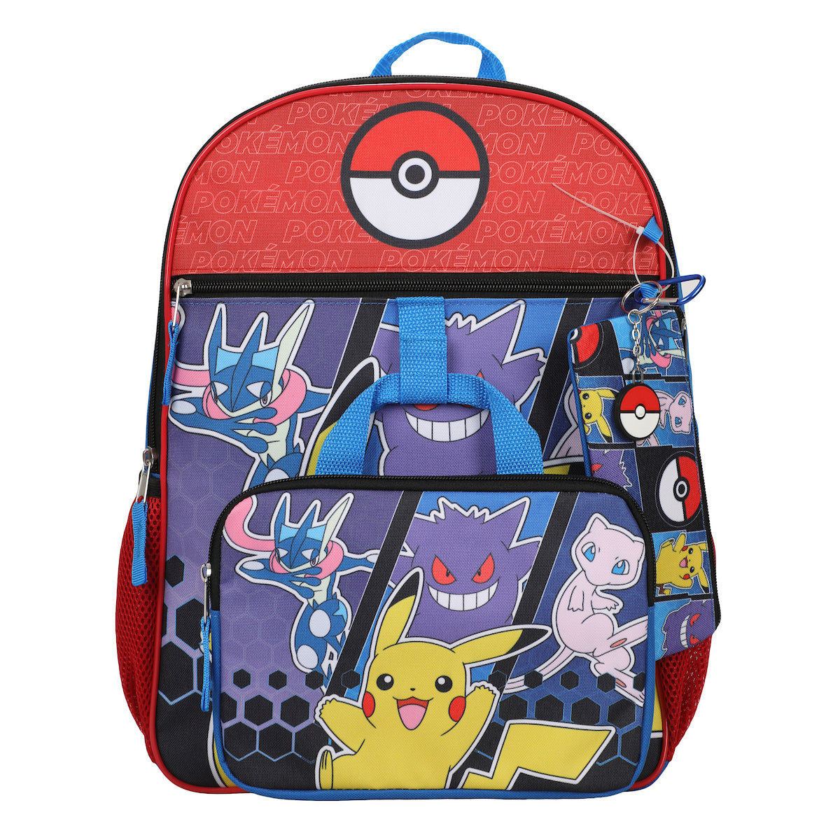 Pokemon 5-Piece Set: 16 Backpack Padded Utility Case Small Utility Case Rubber Keychain and Carabiner