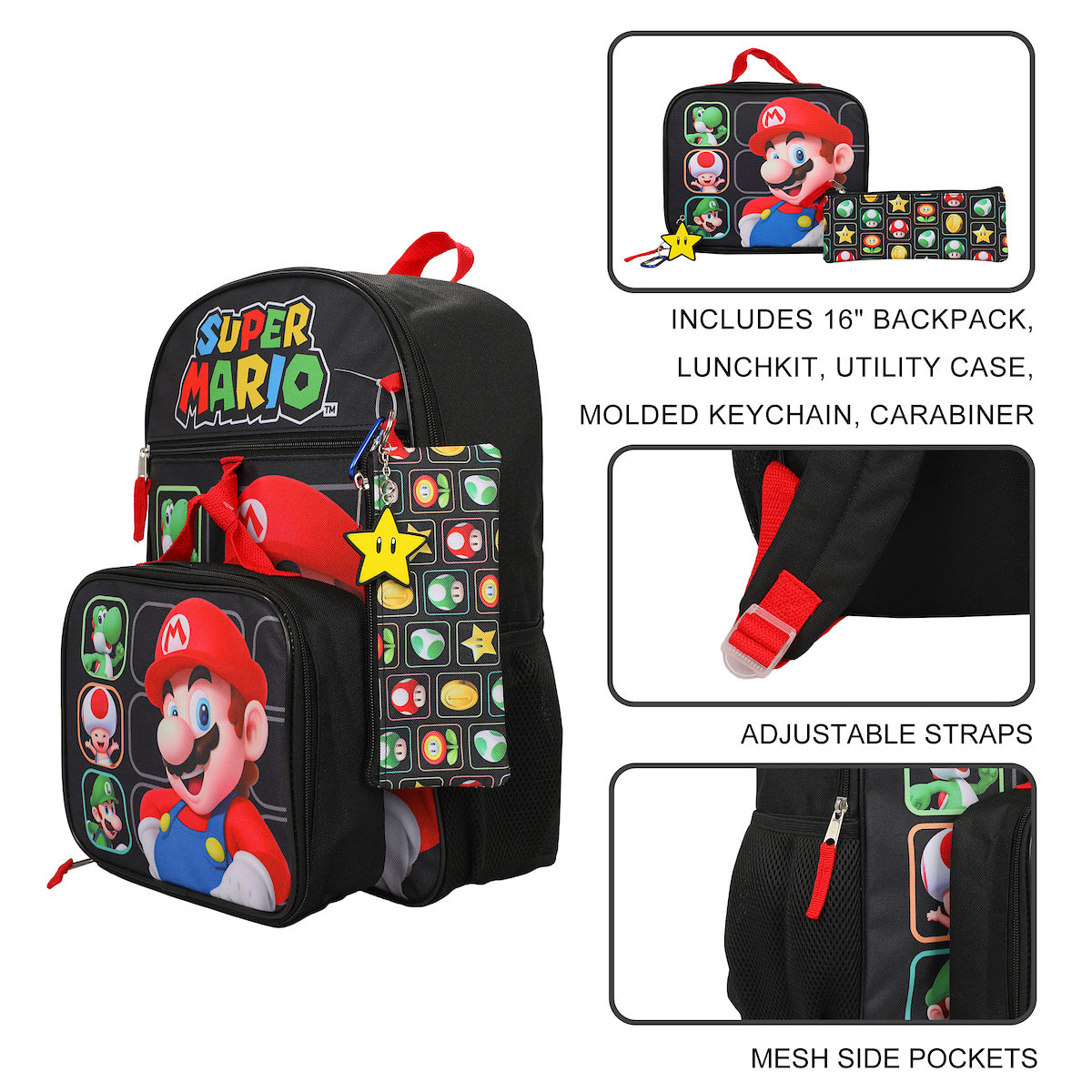 Super Mario Bros Character Grid 16 inch Youth 5-Piece Backpack Set