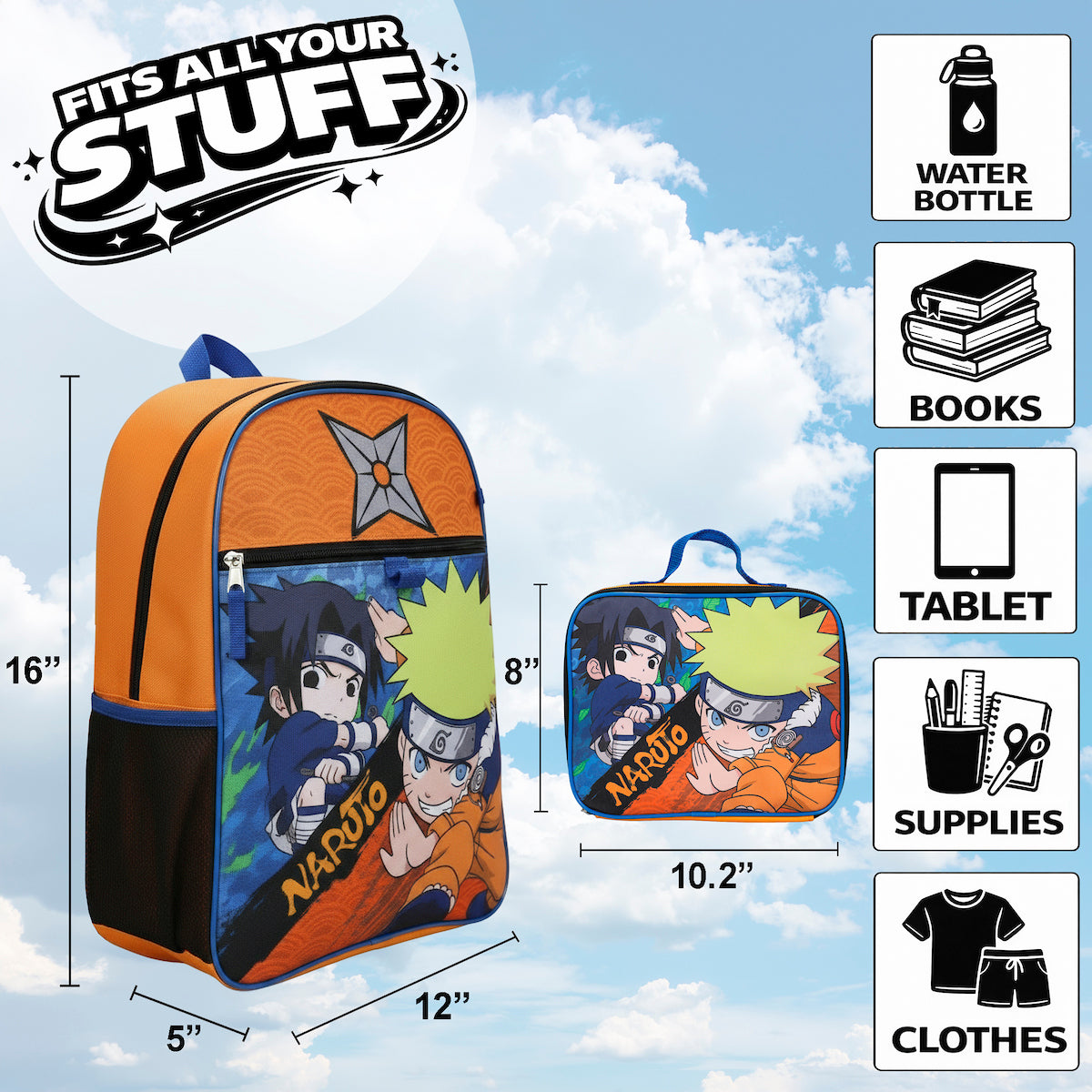 Naruto Classic Sasuke Vs Naruto 16 Youth 5-Piece Backpack Set