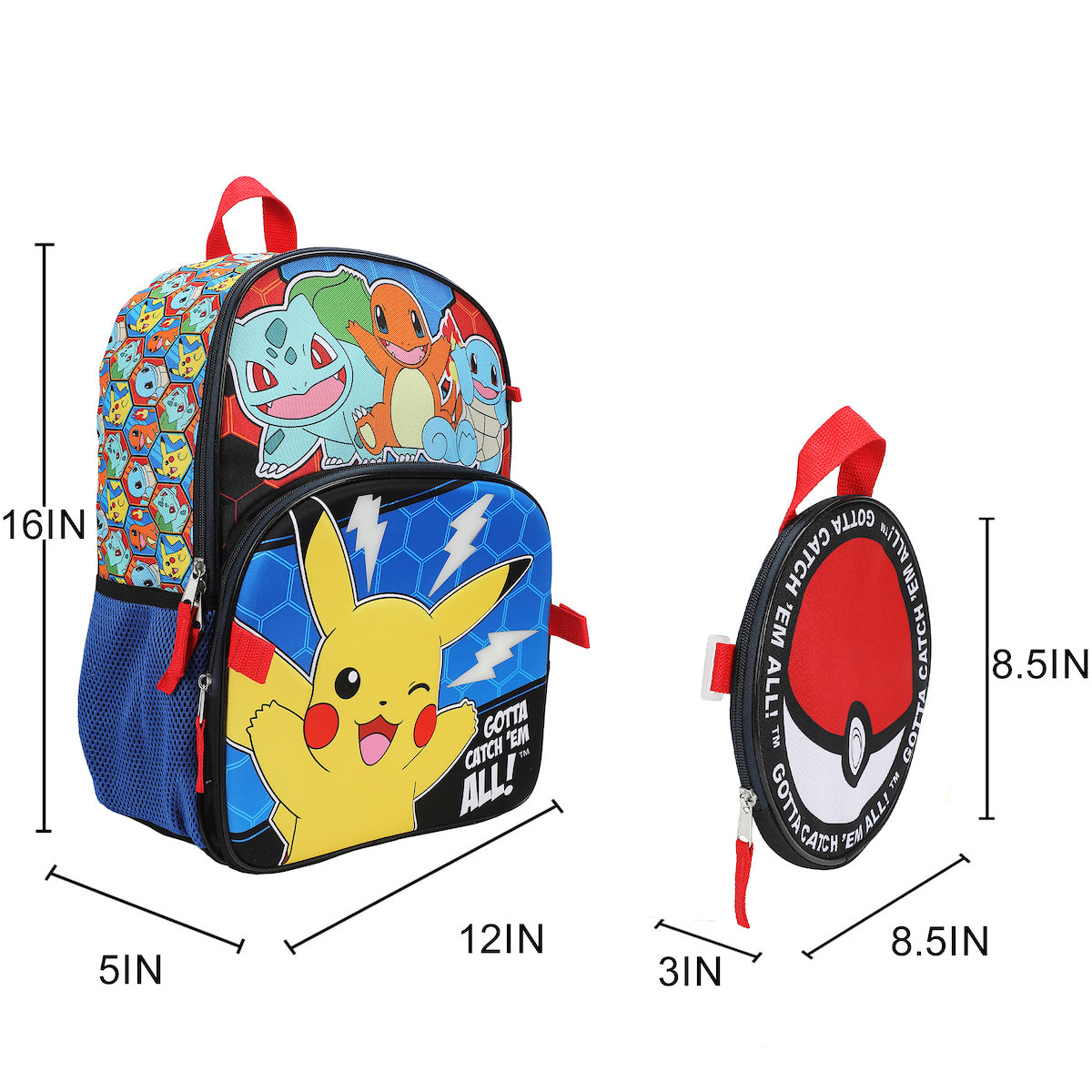 Pokemon Poke Balls & Character Print 5-Piece 16" Backpack Set for Boys