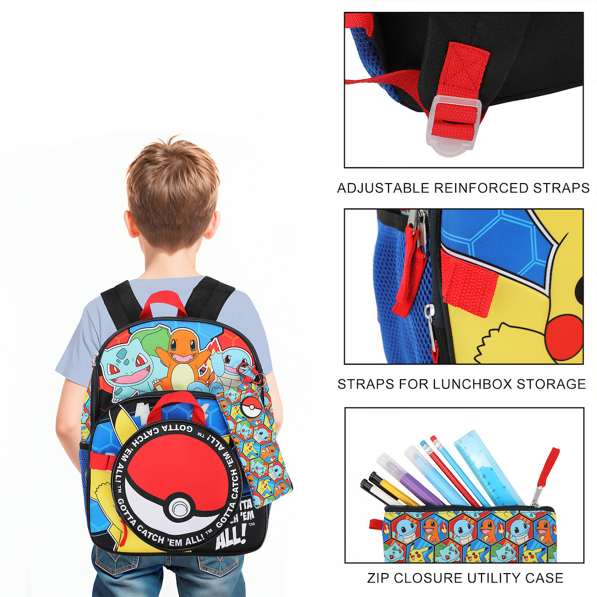 Pokemon Poke Balls & Character Print 5-Piece 16" Backpack Set for Boys