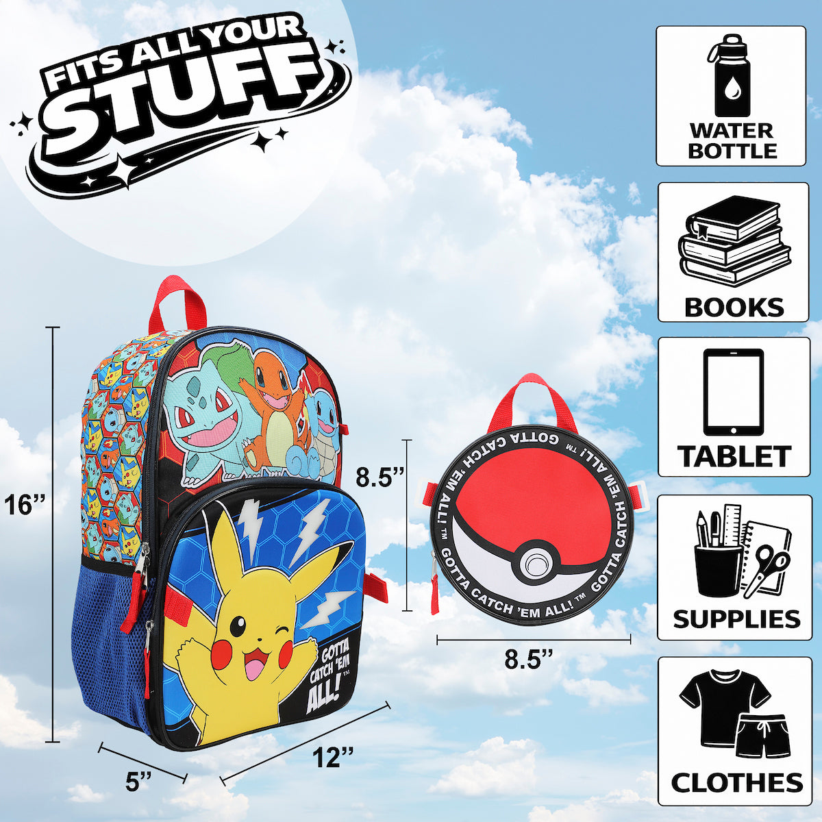 Pokemon Poke Balls & Character Print 5-Piece 16" Backpack Set for Boys