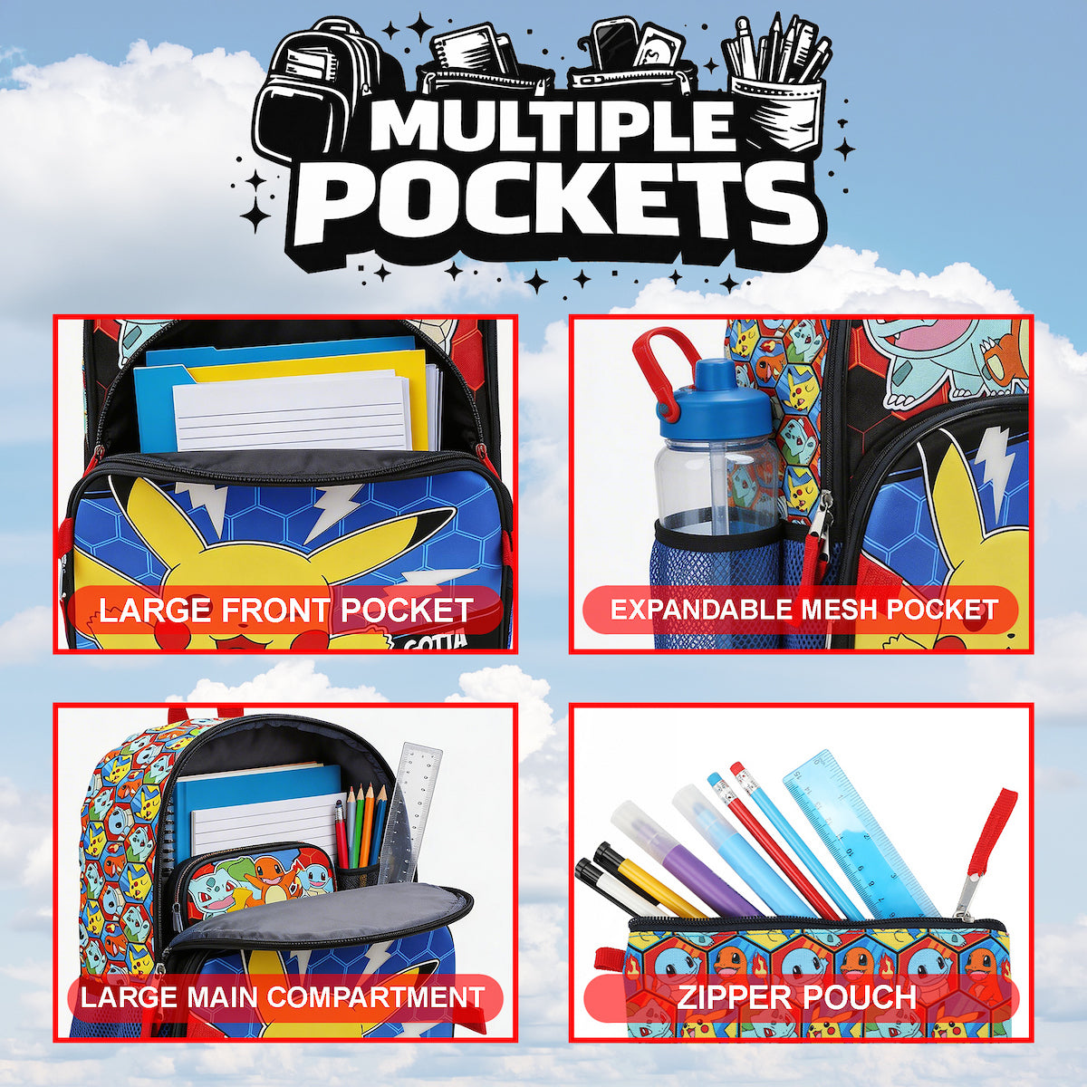 Pokemon Poke Balls & Character Print 5-Piece 16" Backpack Set for Boys