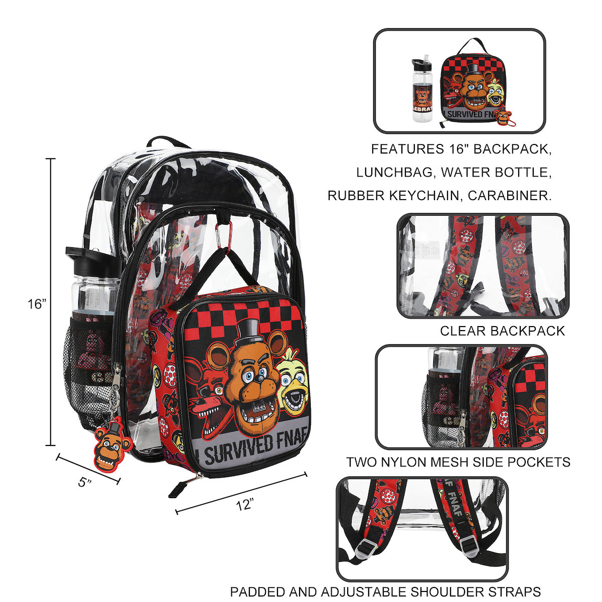 Five Nights at Freddy's 5-Piece Backpack & Lunchbox Set With Water Bottle