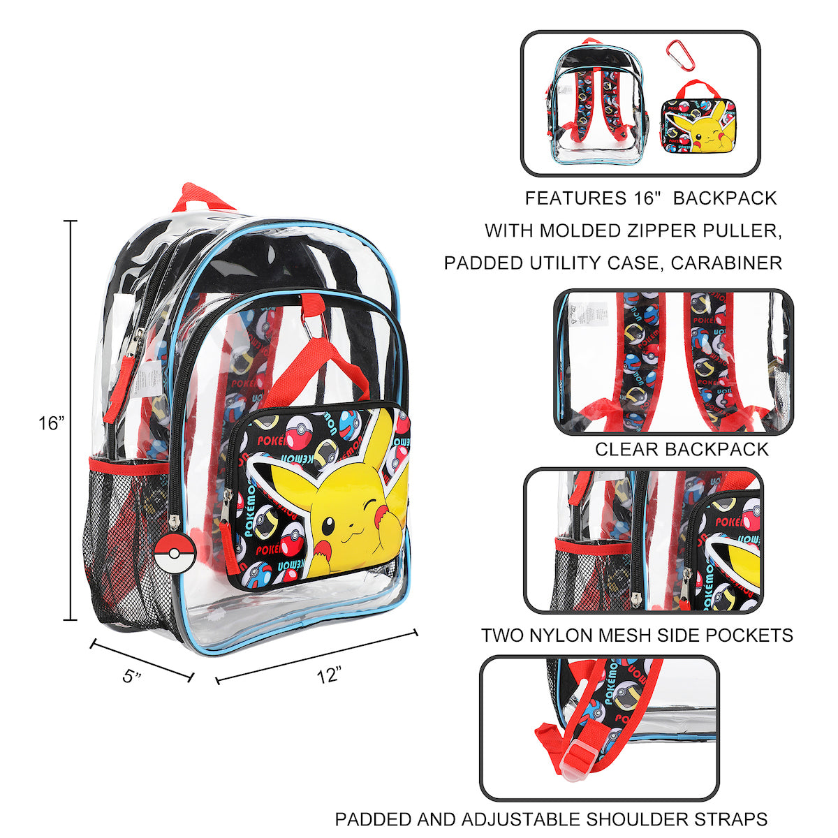 Pokémon Pikachu 3-Piece 16" Backpack Set with Padded Utility Case & Carabiner