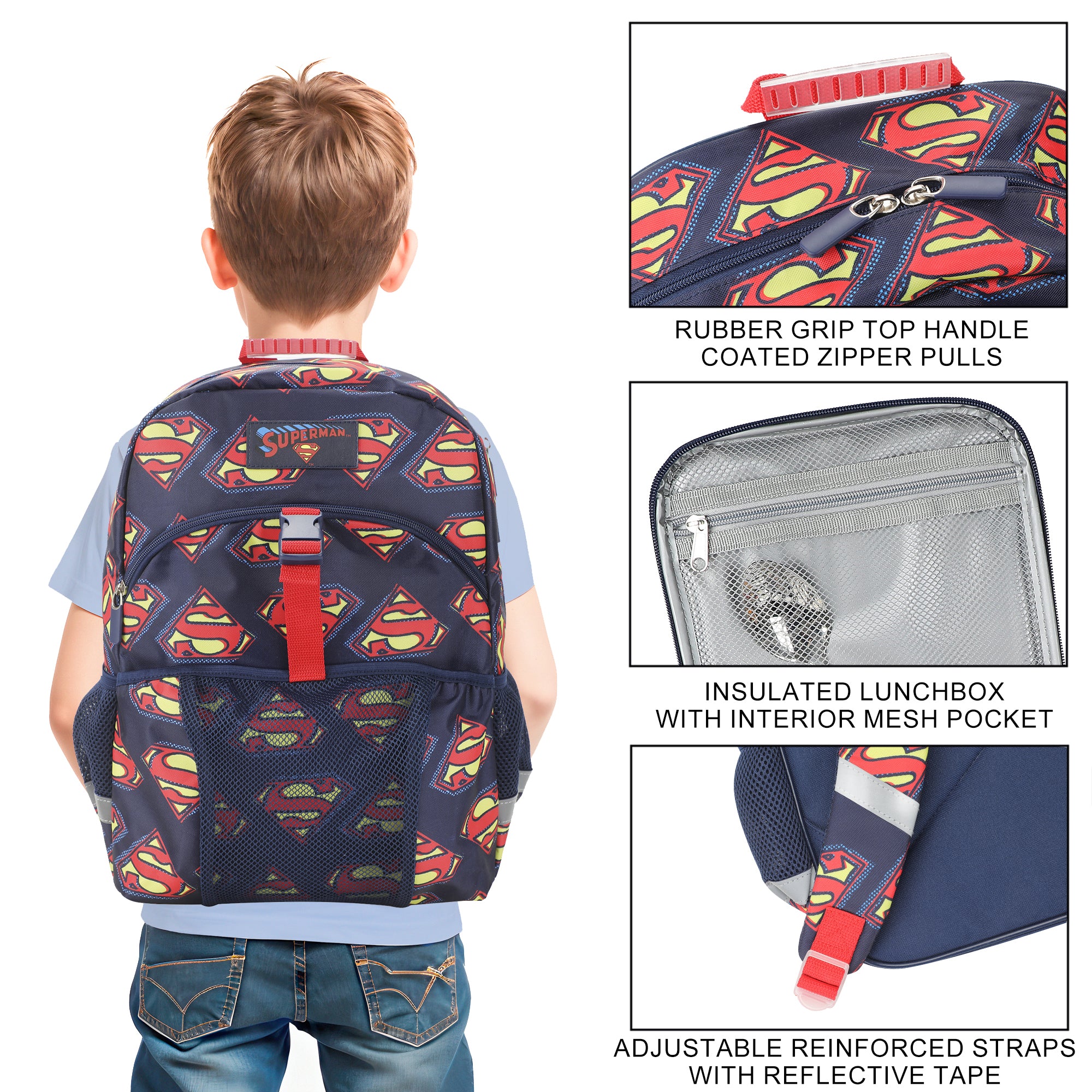 Superman Logo All-Over Print 16" Premium Backpack & Lunch Kit Set