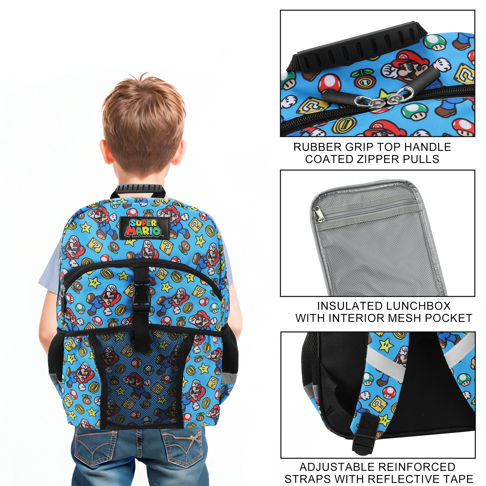 Super Mario Brothers 2-Piece 16" Premium Backpack & Lunch Kit Set for Boys