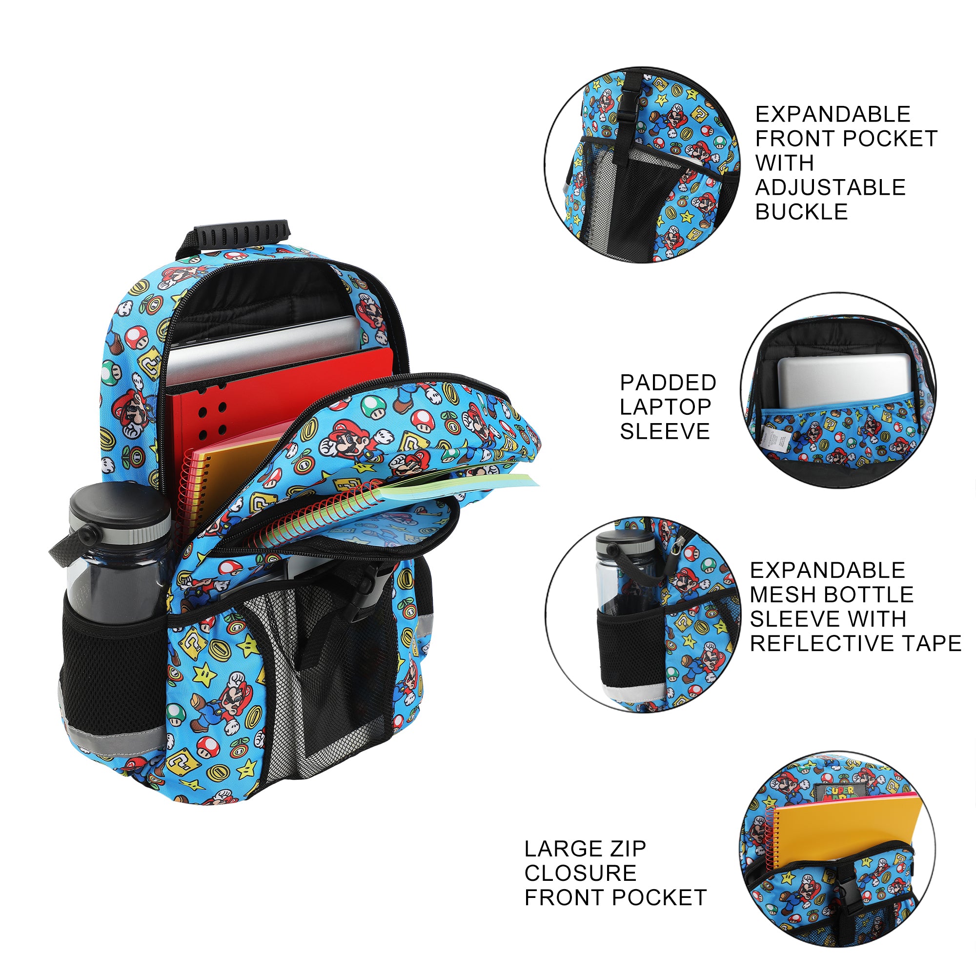 Super Mario Brothers 2-Piece 16" Premium Backpack & Lunch Kit Set for Boys