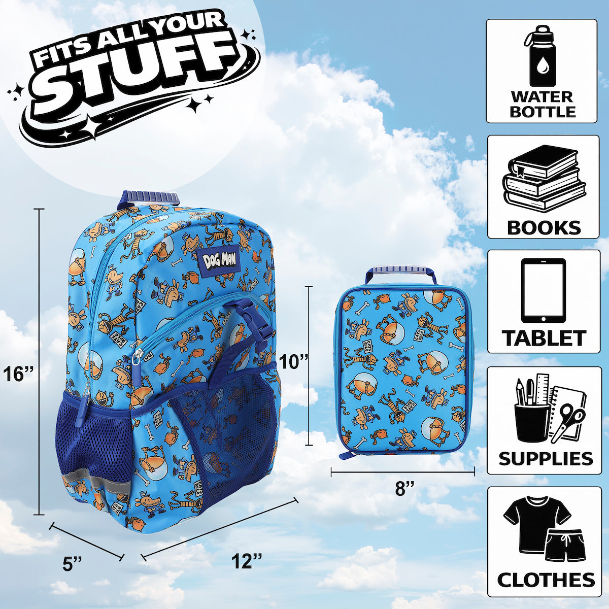 Dog Man 2-Piece 16"  Youth Premium Backpack & Lunch Kit Set For School Boys and Girls