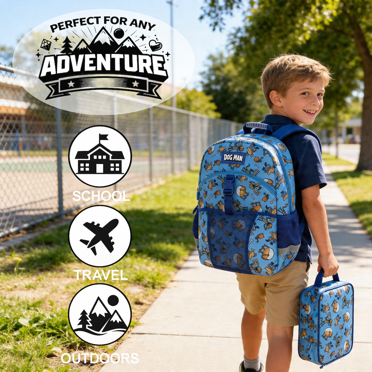 Dog Man 2-Piece 16"  Youth Premium Backpack & Lunch Kit Set For School Boys and Girls