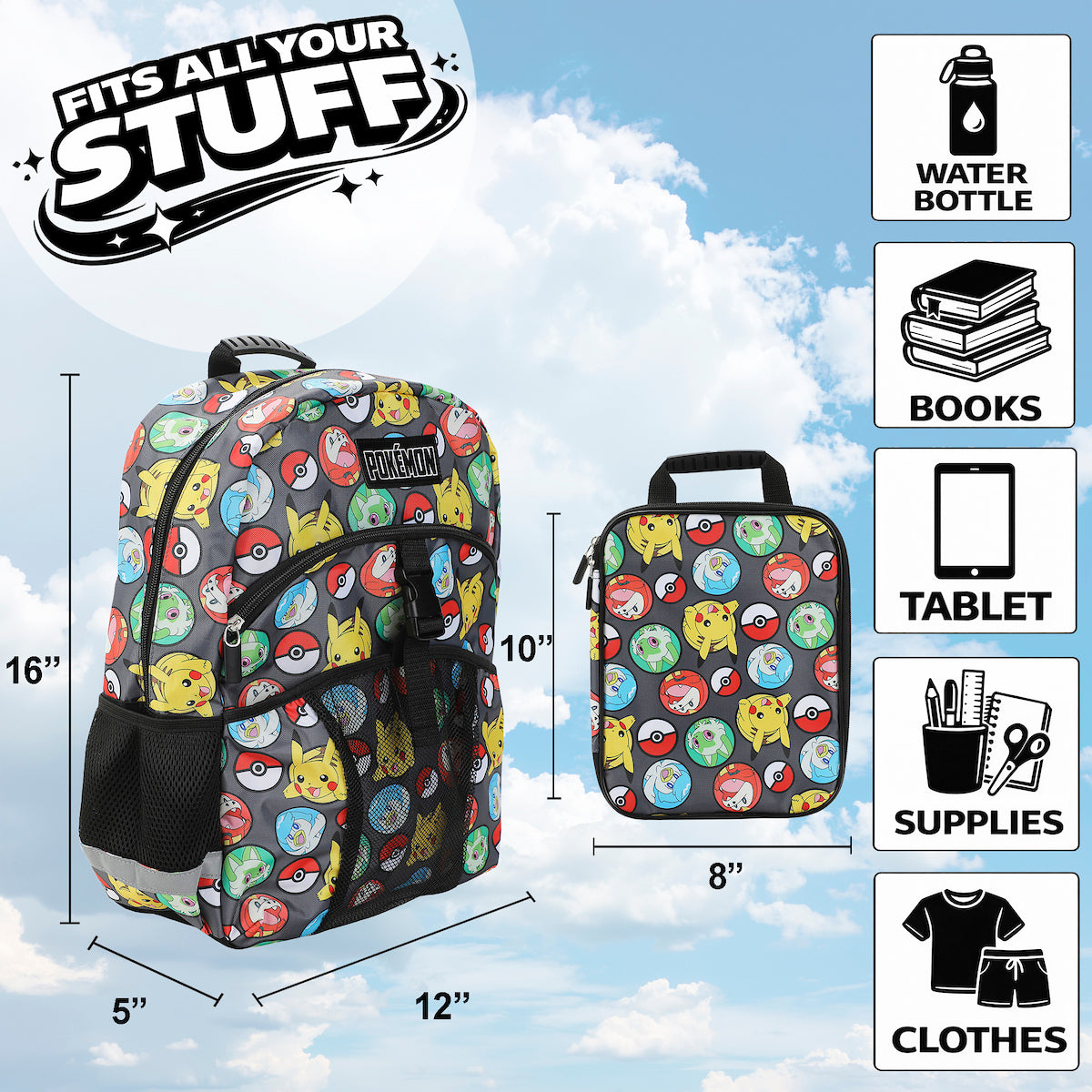 Pokemon All-Over Print 2-Piece 16" Premium Backpack & Utility Case Set For School And Travel for boys