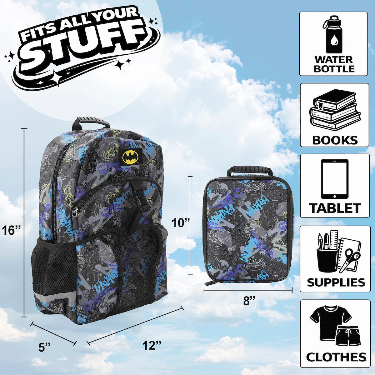 Batman 2-Piece 16" Premium Backpack & Lunch Kit Set for boys