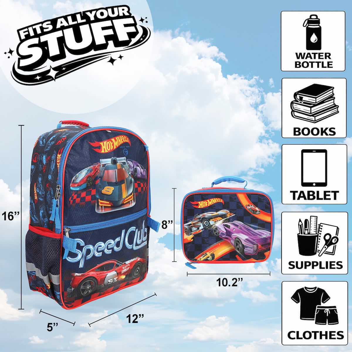 Hot Wheels 5-Piece 16” Backpack And Lunch Set For School & Travel