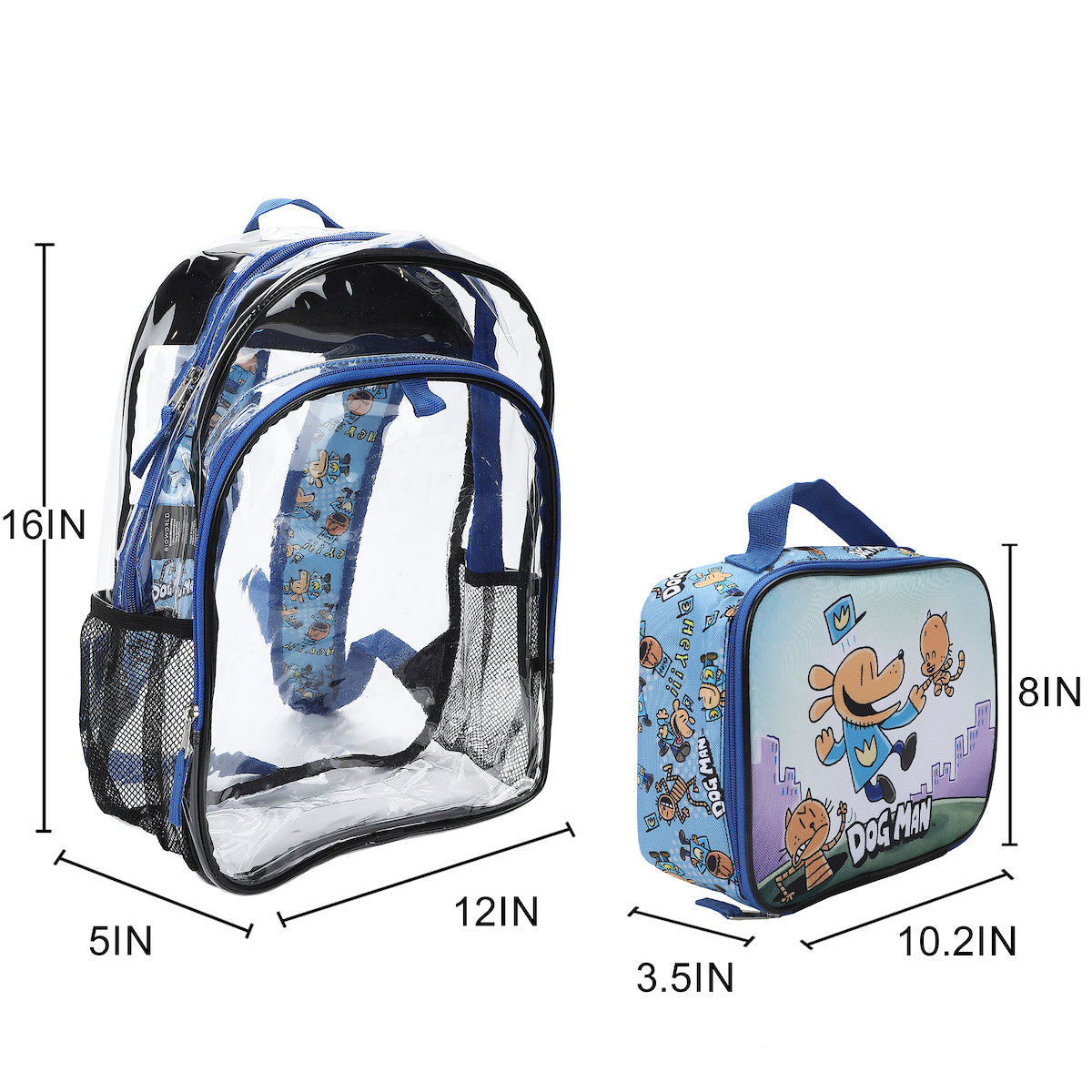 Dog Man 2-Piece 16" Kids Clear Backpack & Lunch Box Set For School And Travel