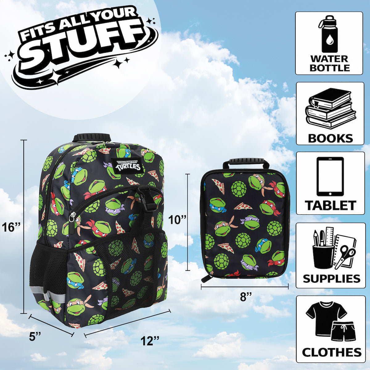 TMNT Classic Retro Cartoon 2-Piece 16" Kids Backpack & Lunch Box Set For School And Travel