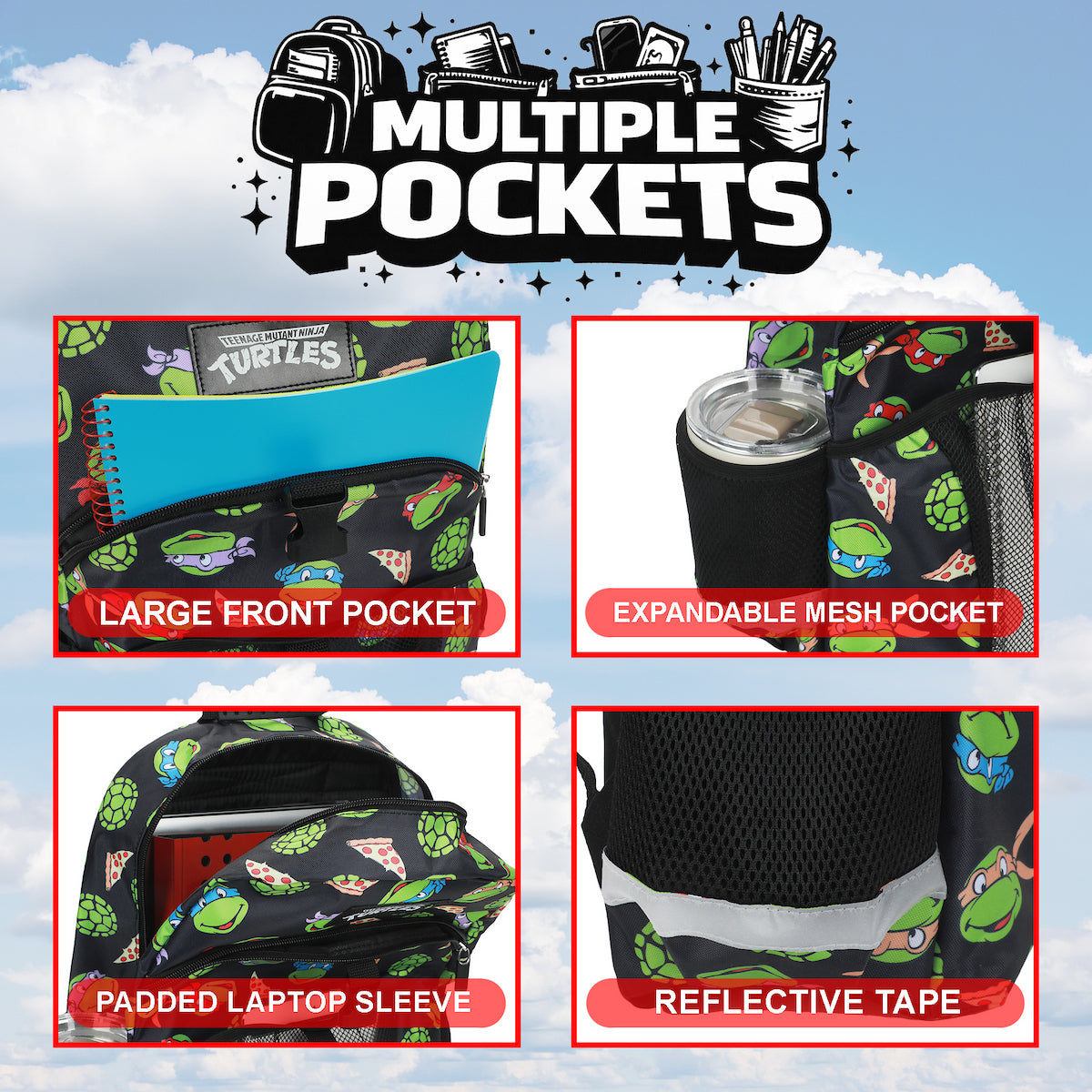 TMNT Classic Retro Cartoon 2-Piece 16" Kids Backpack & Lunch Box Set For School And Travel